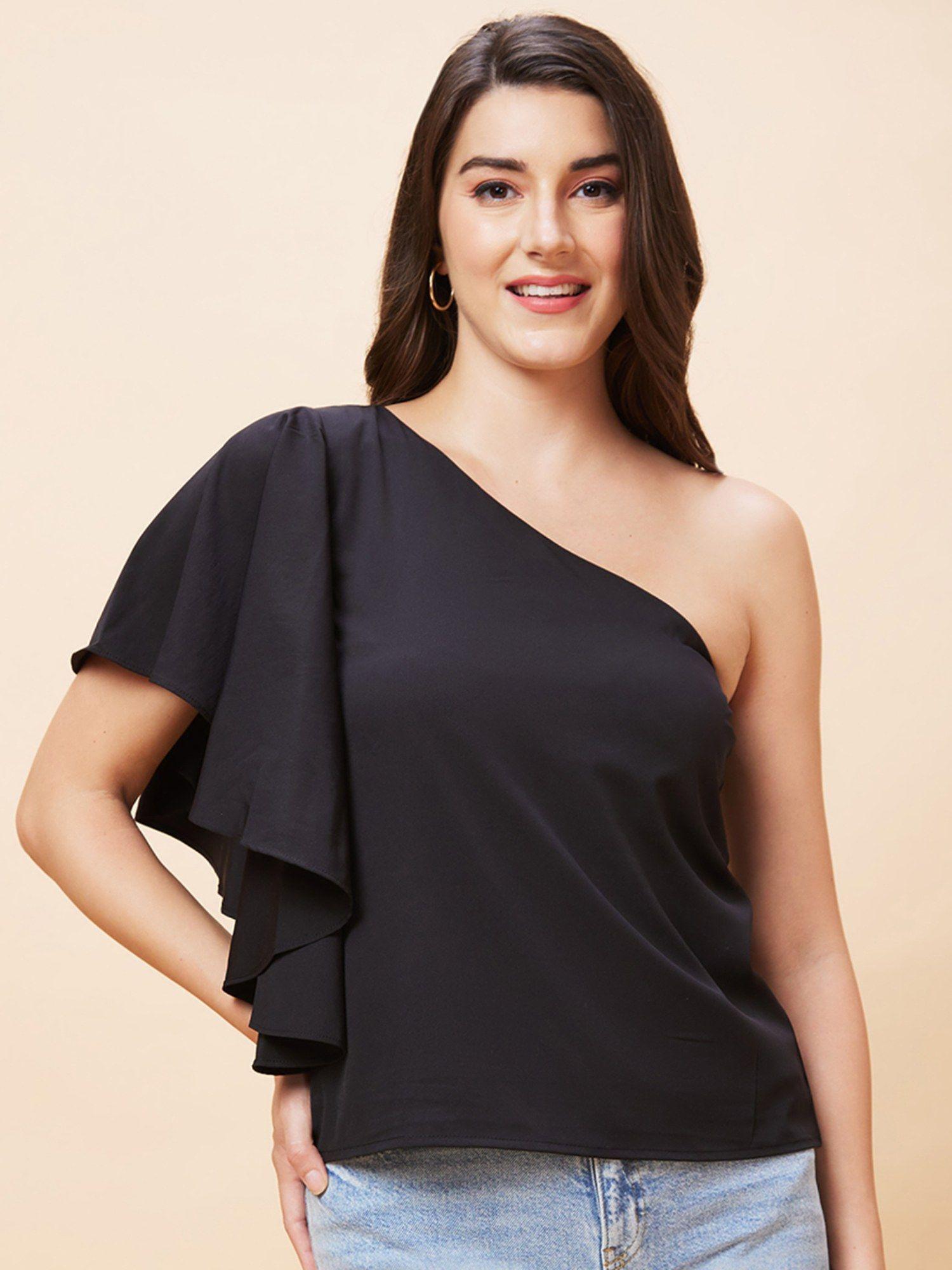 women black solid one shoulder party top