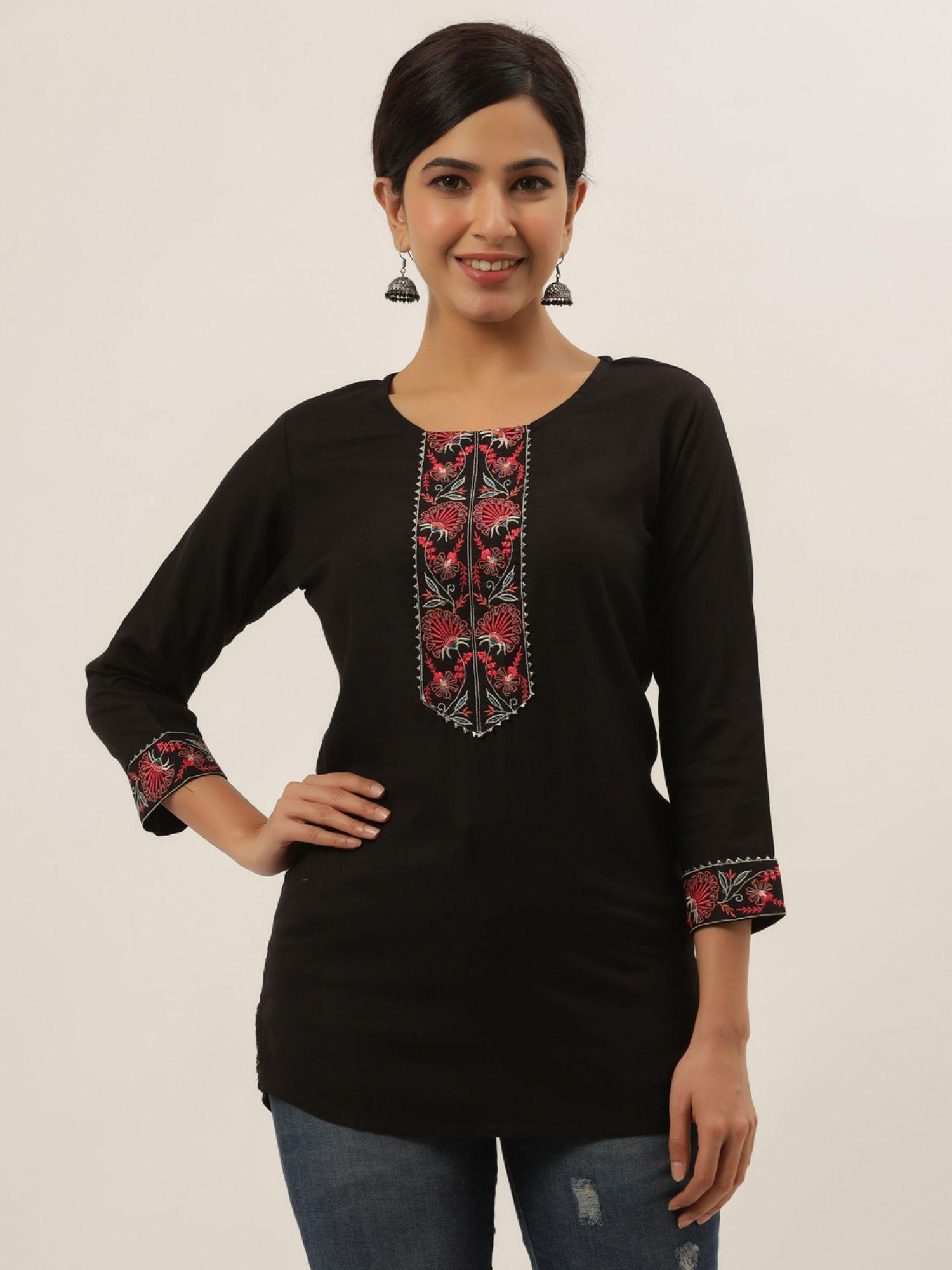 women black solid patchwork regular tunic top