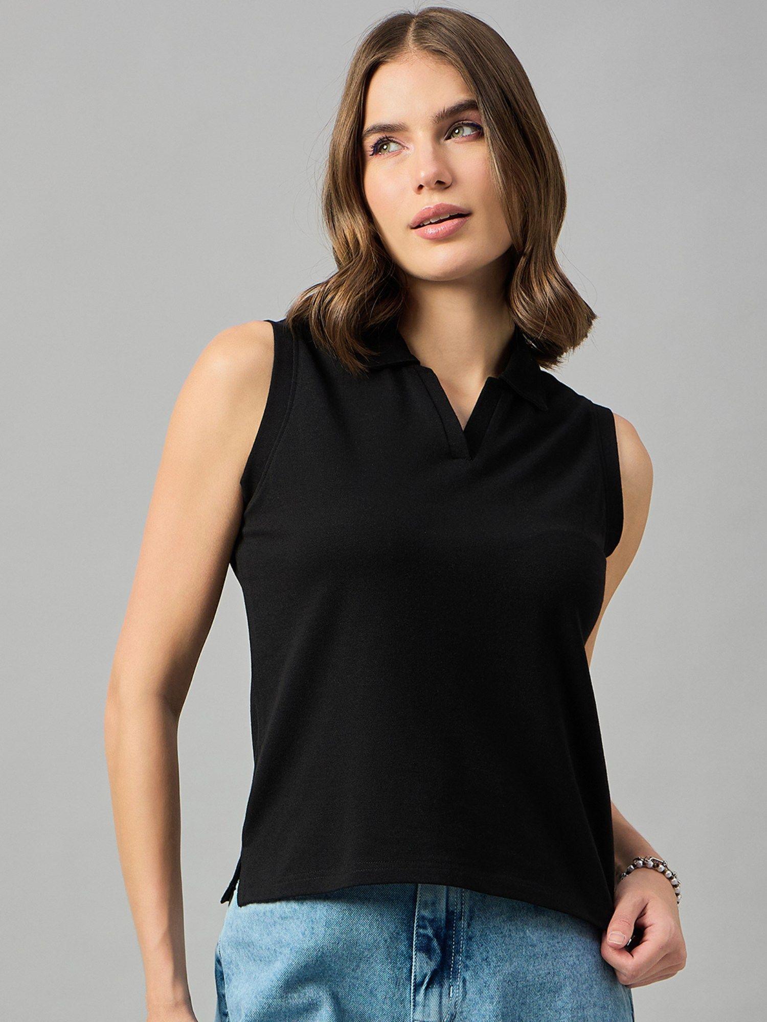 women black solid polo collar sleeveless t shirt