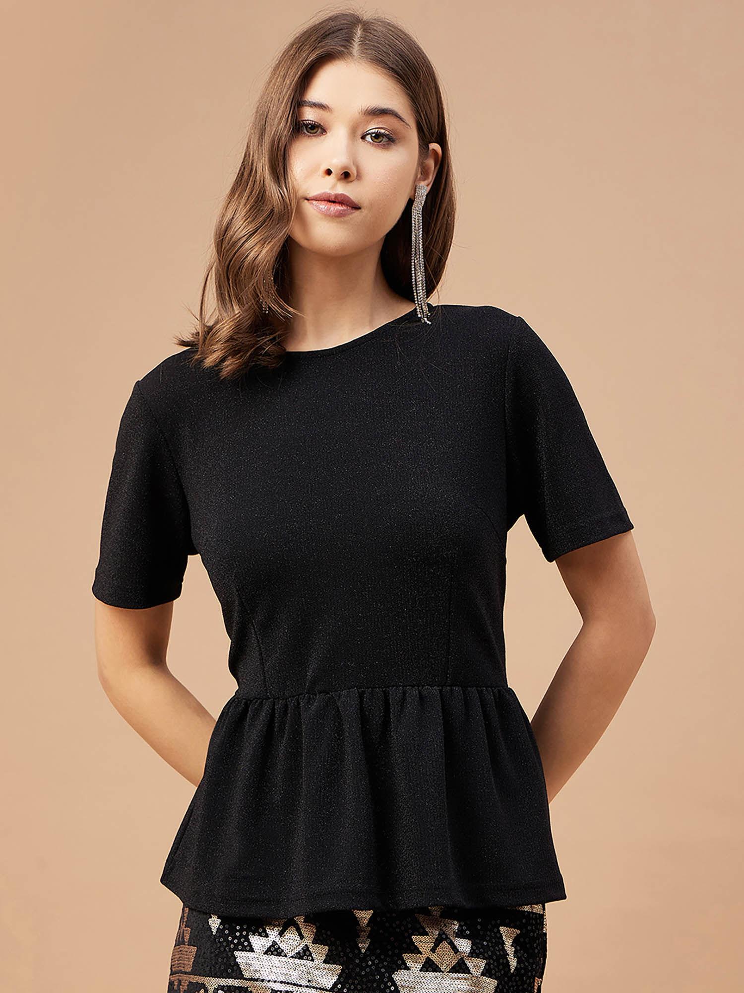 women black solid polyester bishop sleeve collar neck top