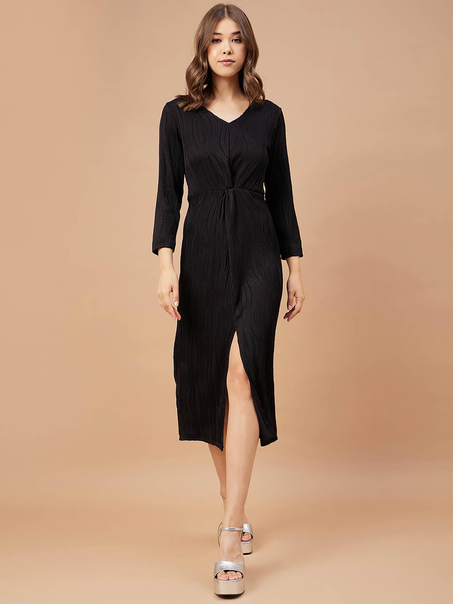 women black solid polyester flutter sleeve v neck dress