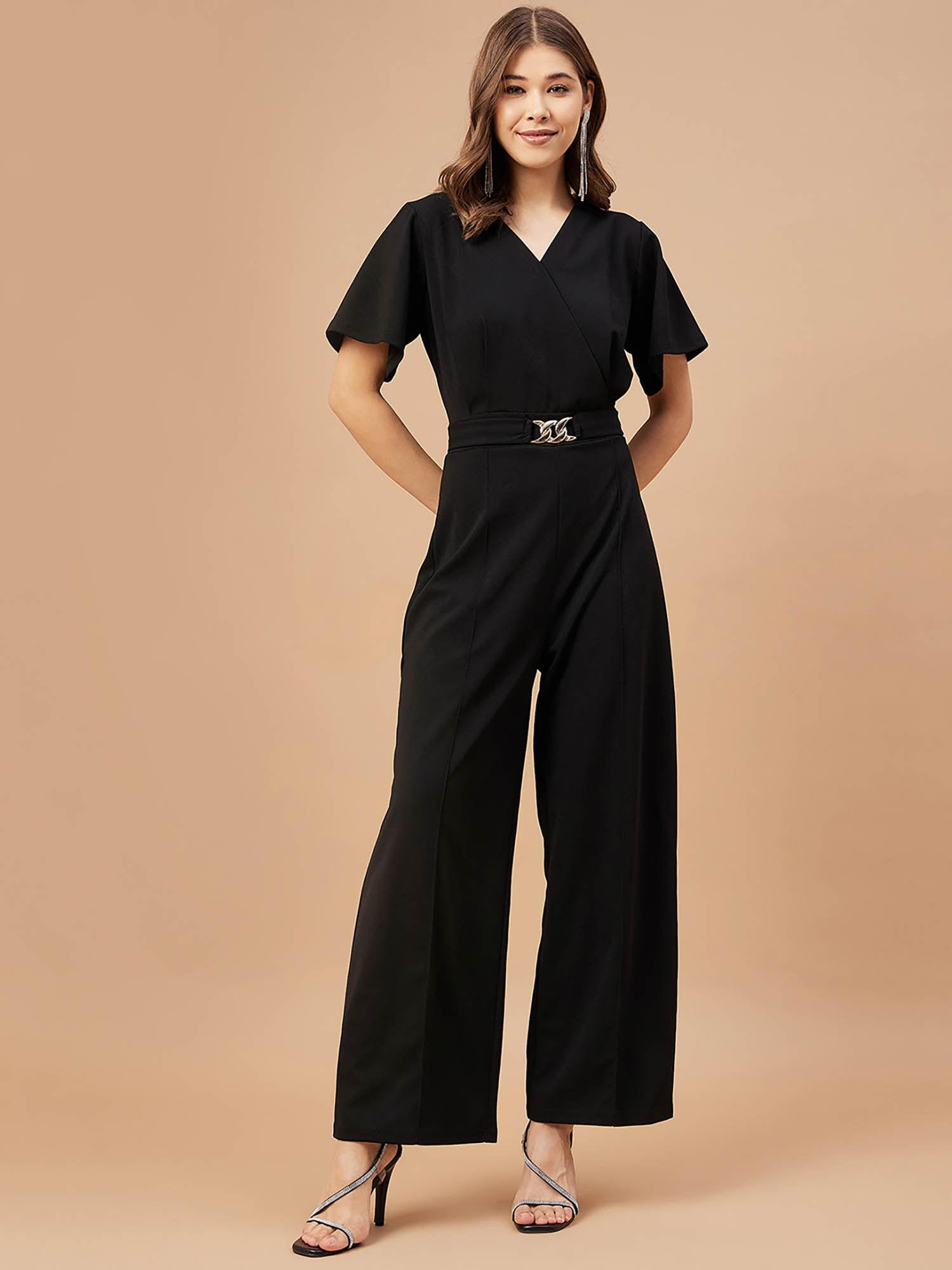 women black solid polyester flutter sleeve v neck jumpsuit