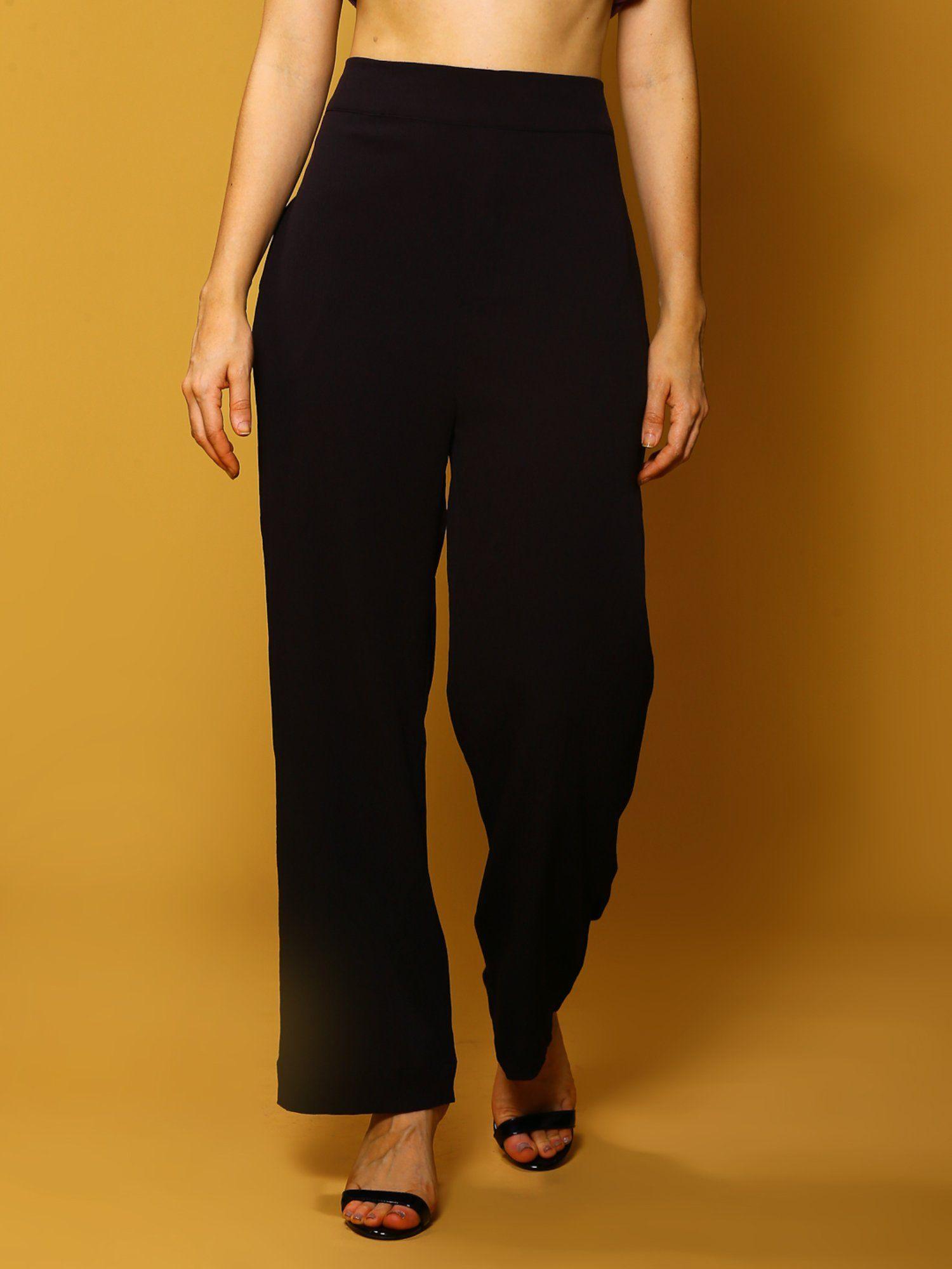 women black solid print mid-rise slip-on regular trousers