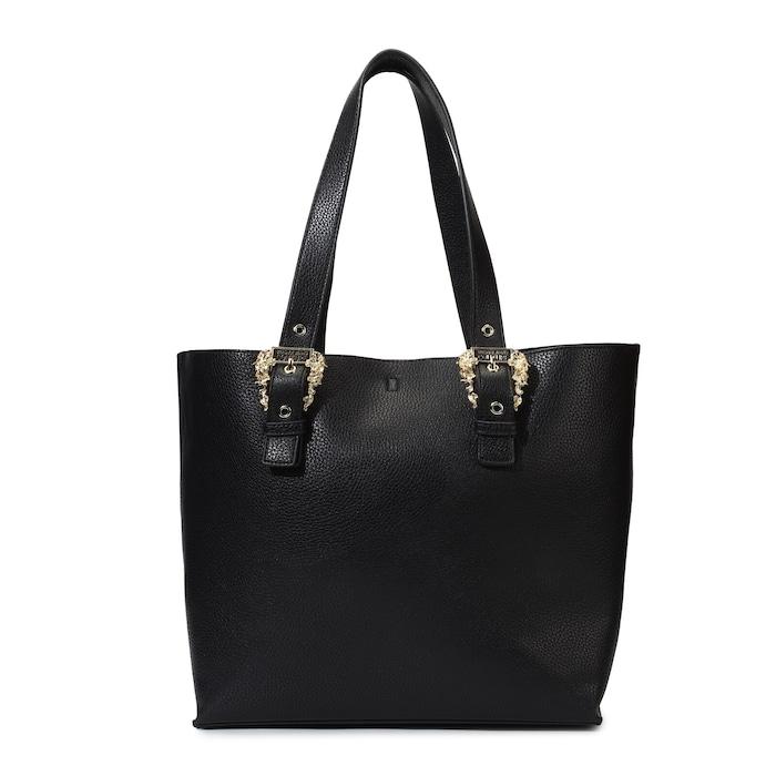women black solid pu tote bag with buckles on handles
