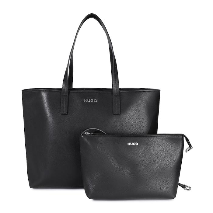 women black solid pu tote bag with pouch