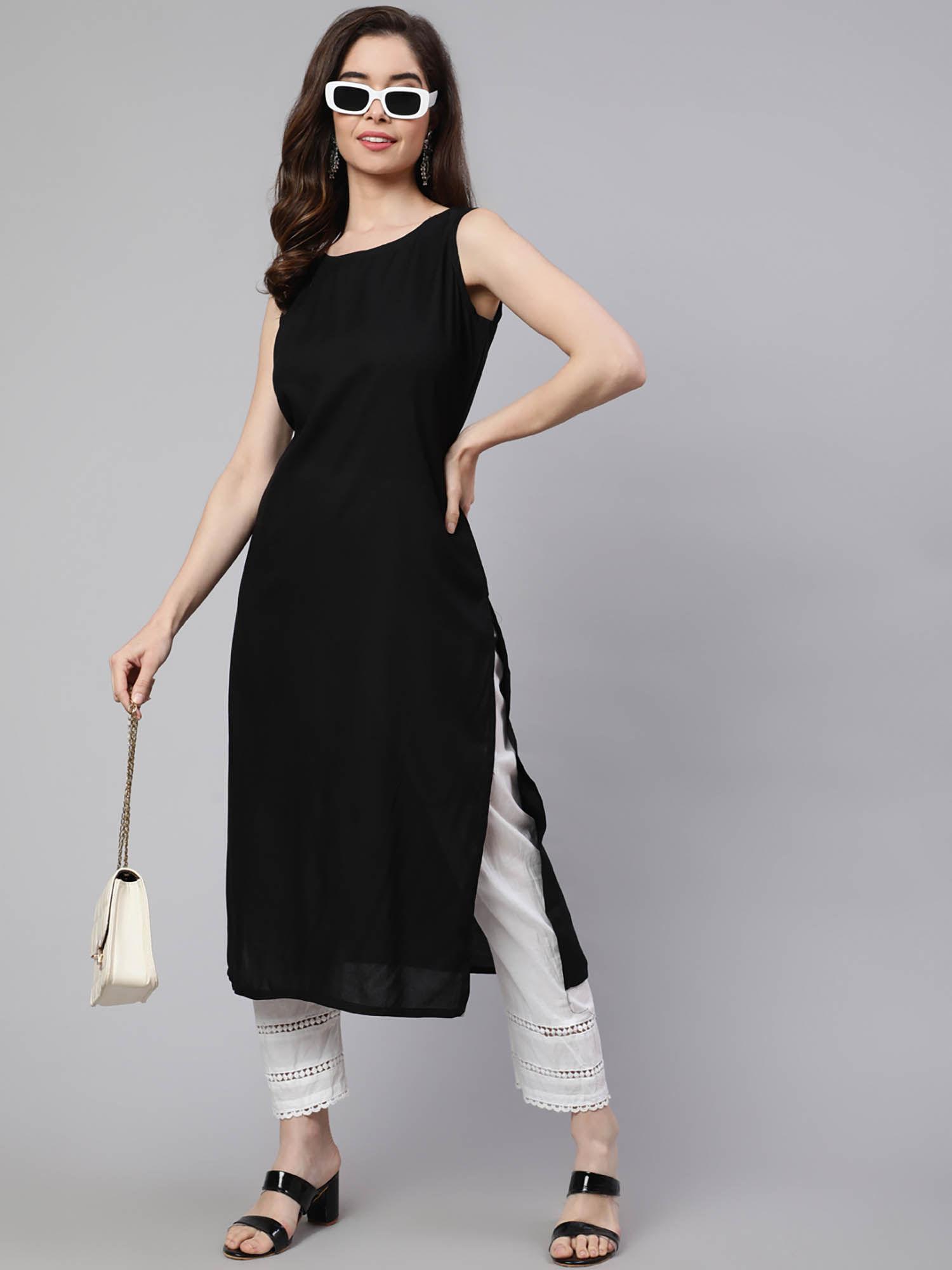 women black solid rayon round neck calf length straight kurta