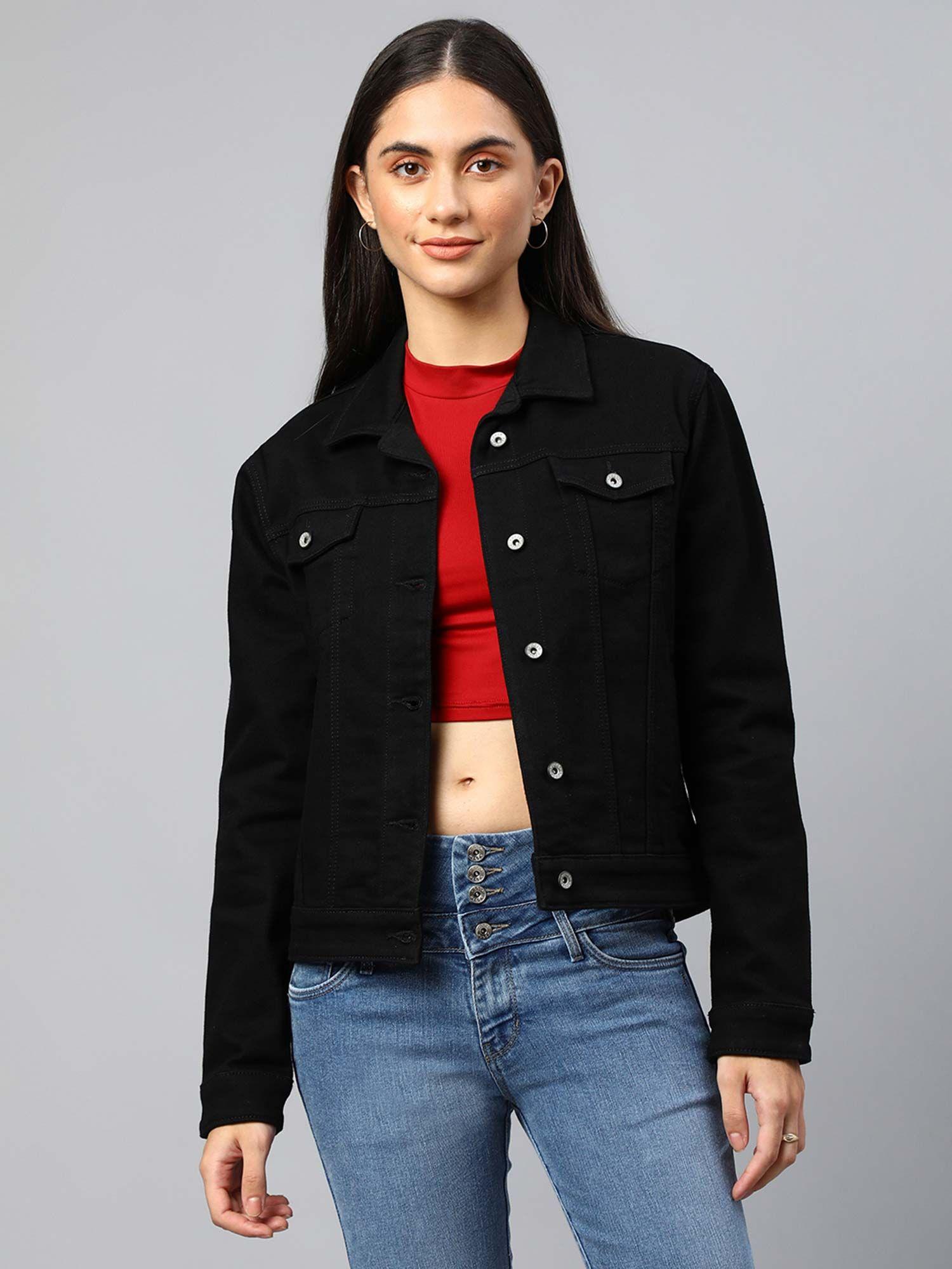 women black solid regular denim jacket