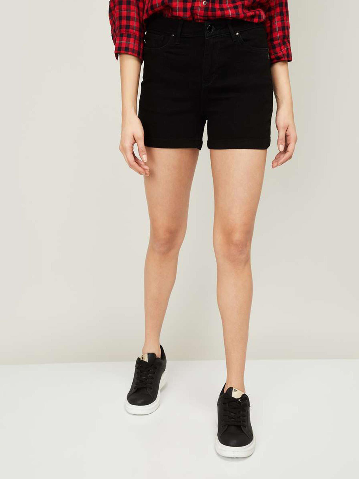 women black solid regular fit denim shorts