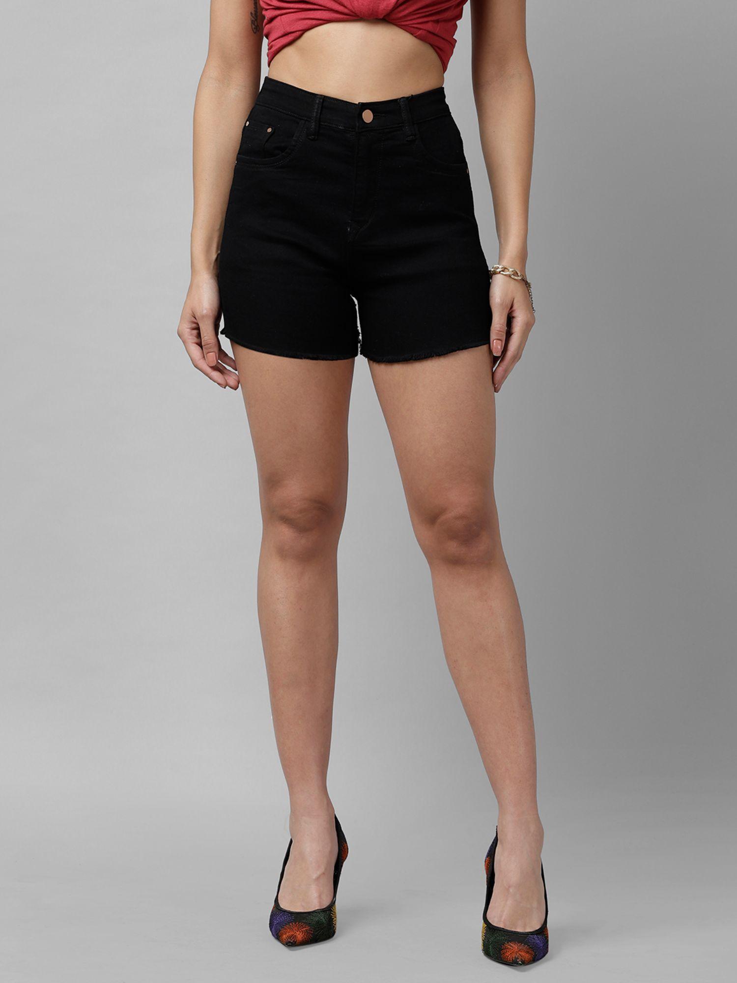 women black solid regular fit denim shorts