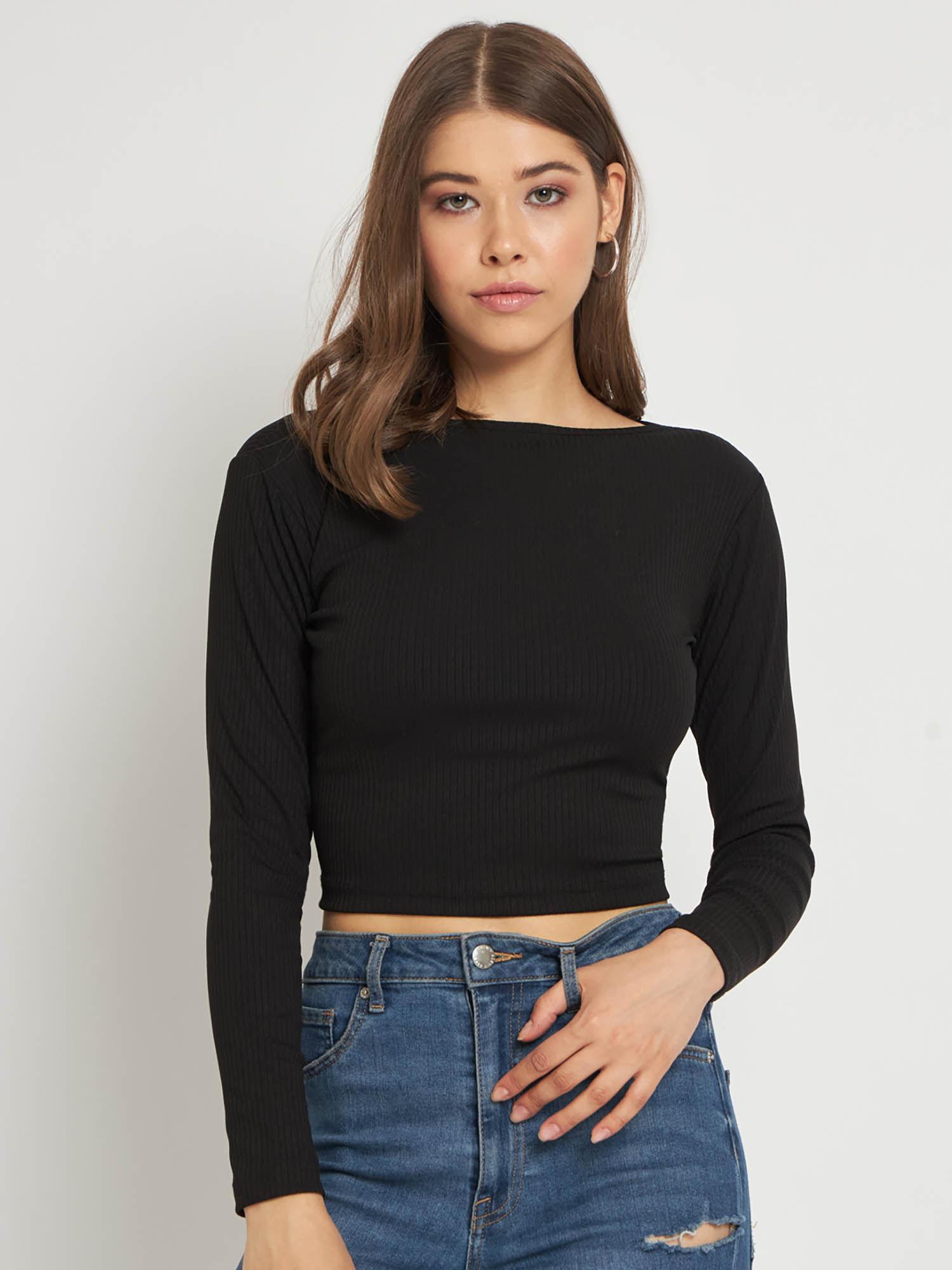 women black solid ribbed crop top