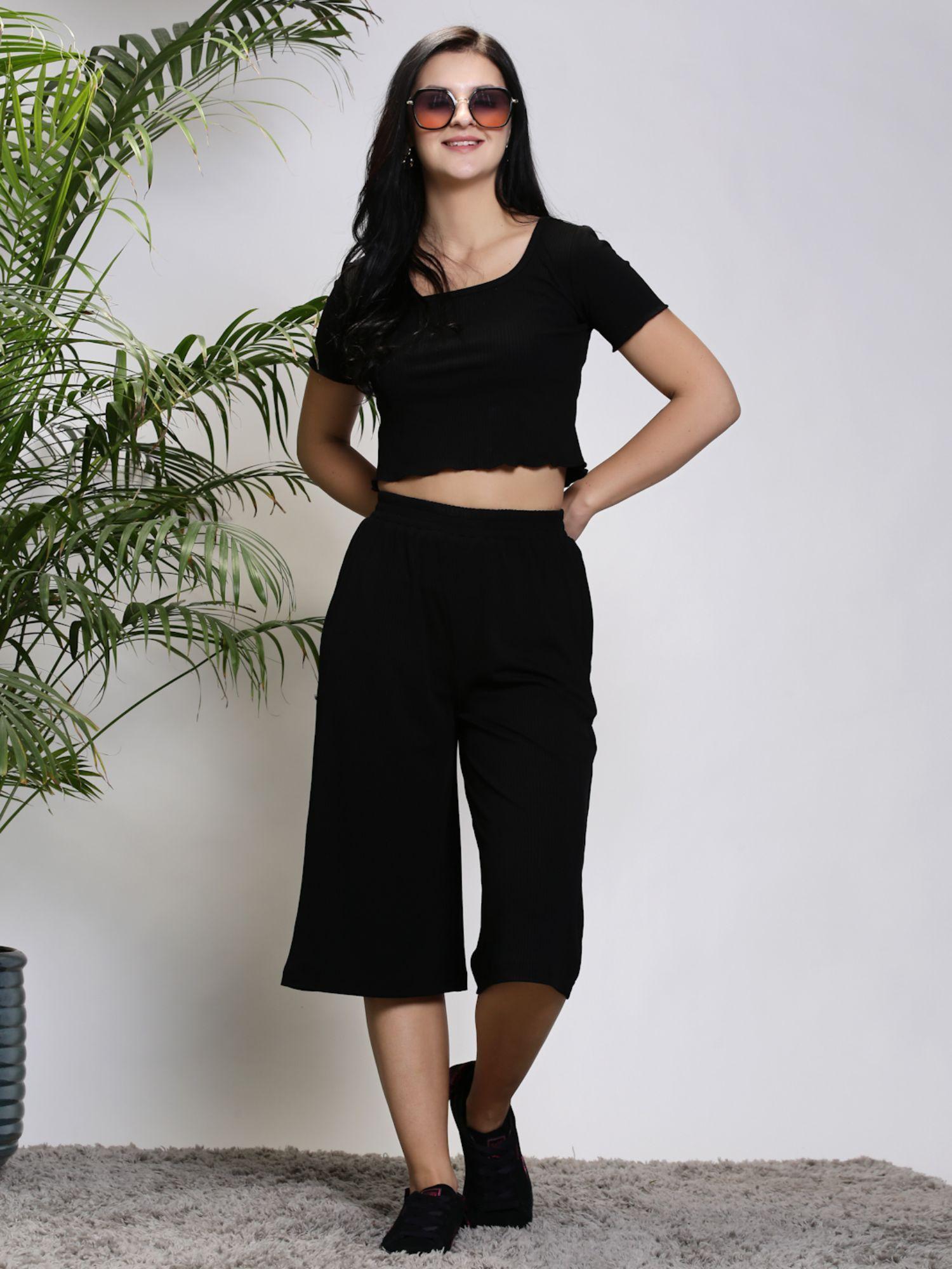 women black solid round neck co-ord (set of 2)