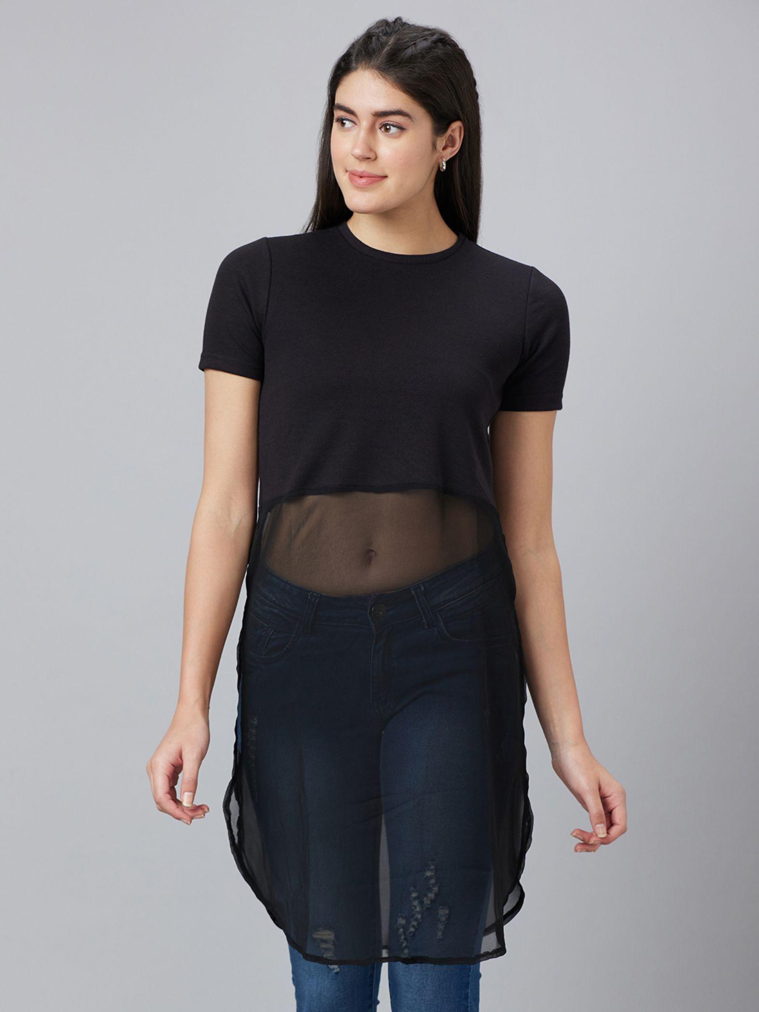 women black solid round neck longline top