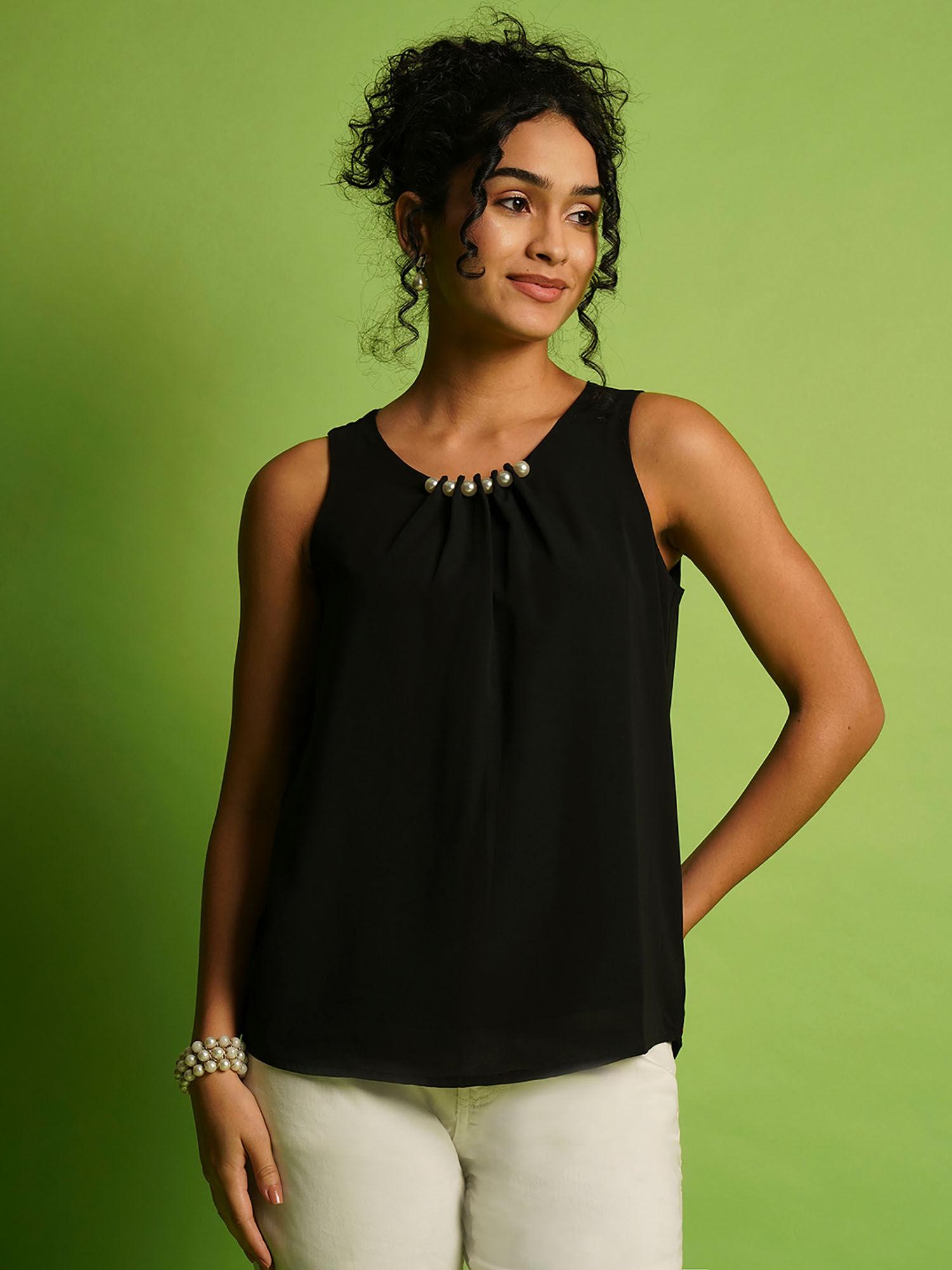 women black solid round pearl detailing neck satin workwear top