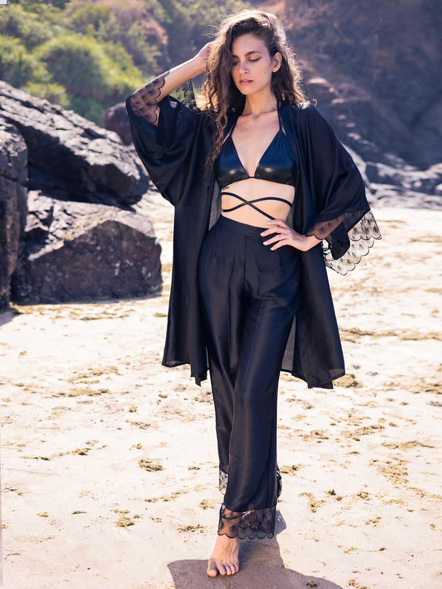 women black solid satin robe & palazzo beachwear (set of 2)