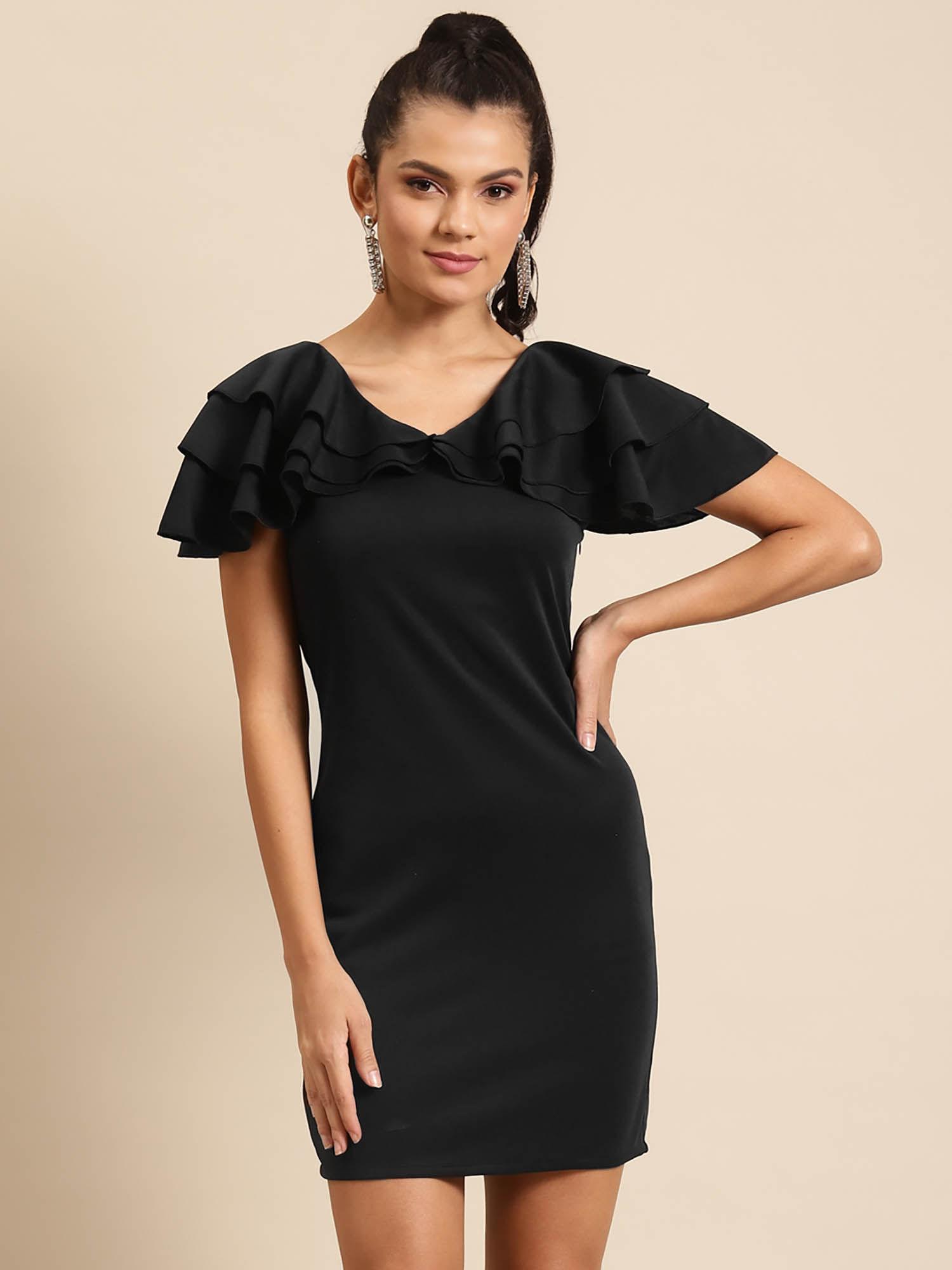 women black solid sheath dress with flutter sleeves