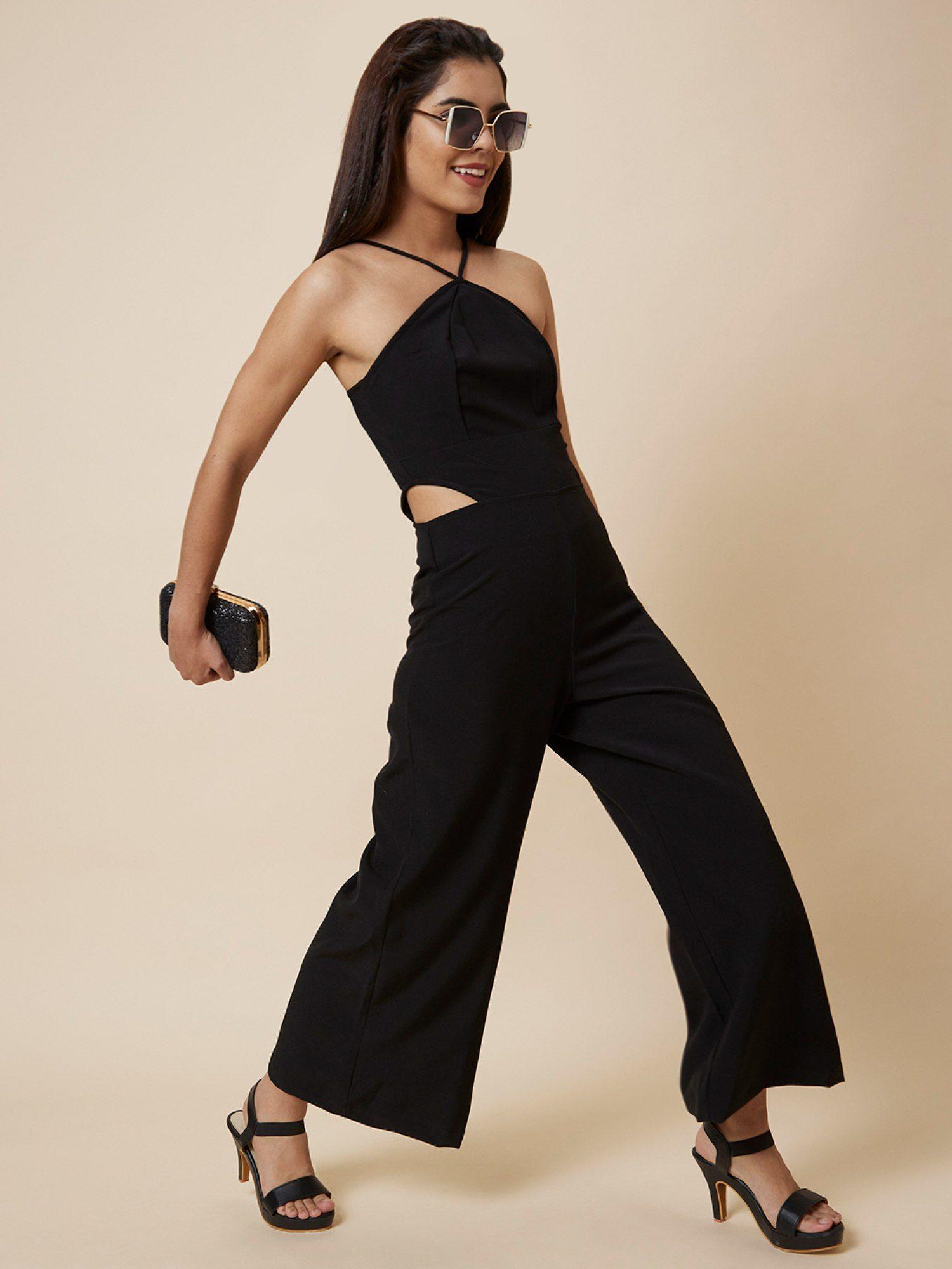 women black solid strappy jumpsuit