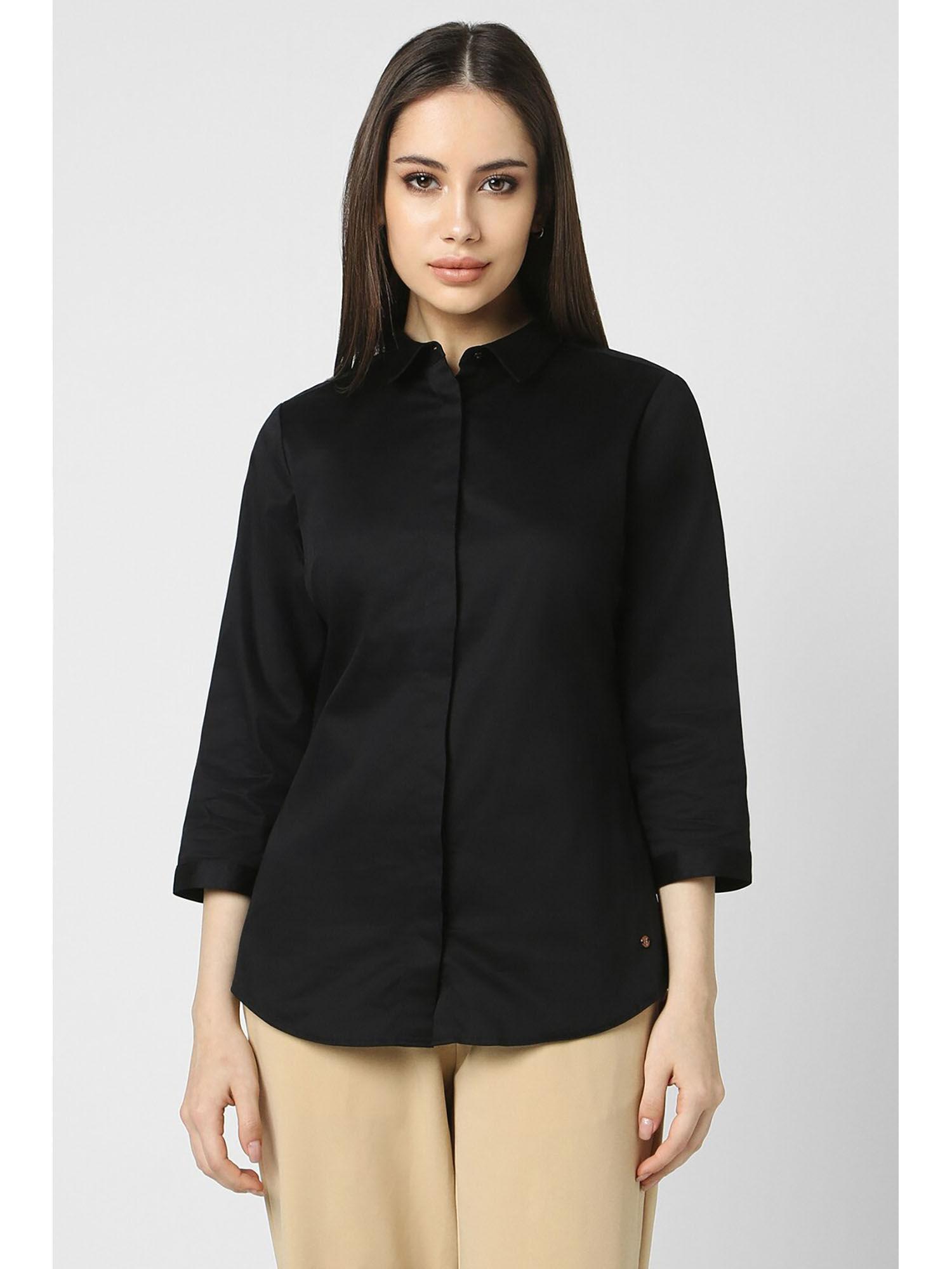 women black solid three fourth sleeves formal shirt