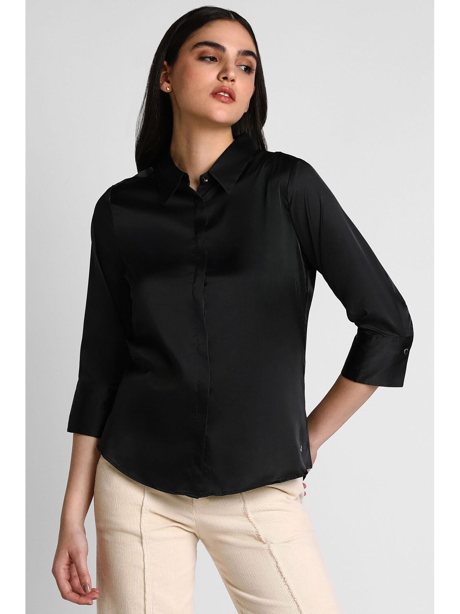 women black solid three fourth sleeves shirt