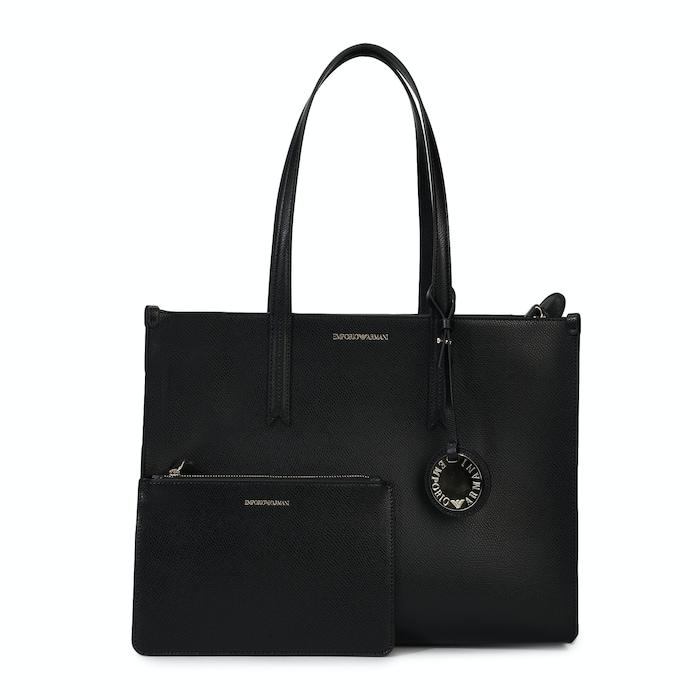 women black solid tote bag with charm