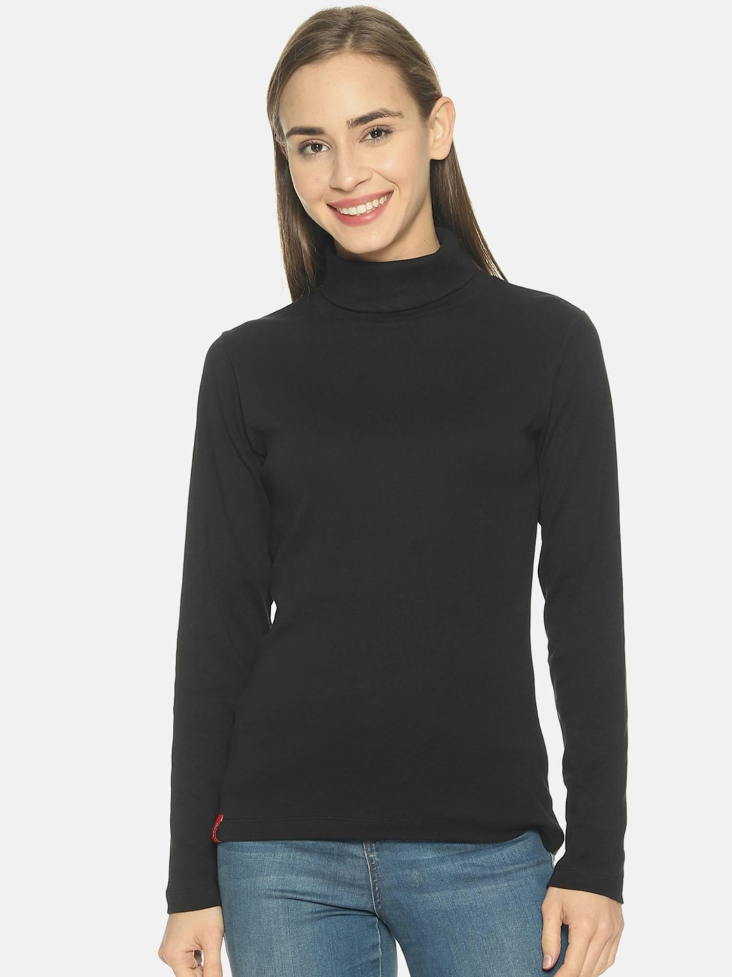 women black solid turtle neck pure cotton top