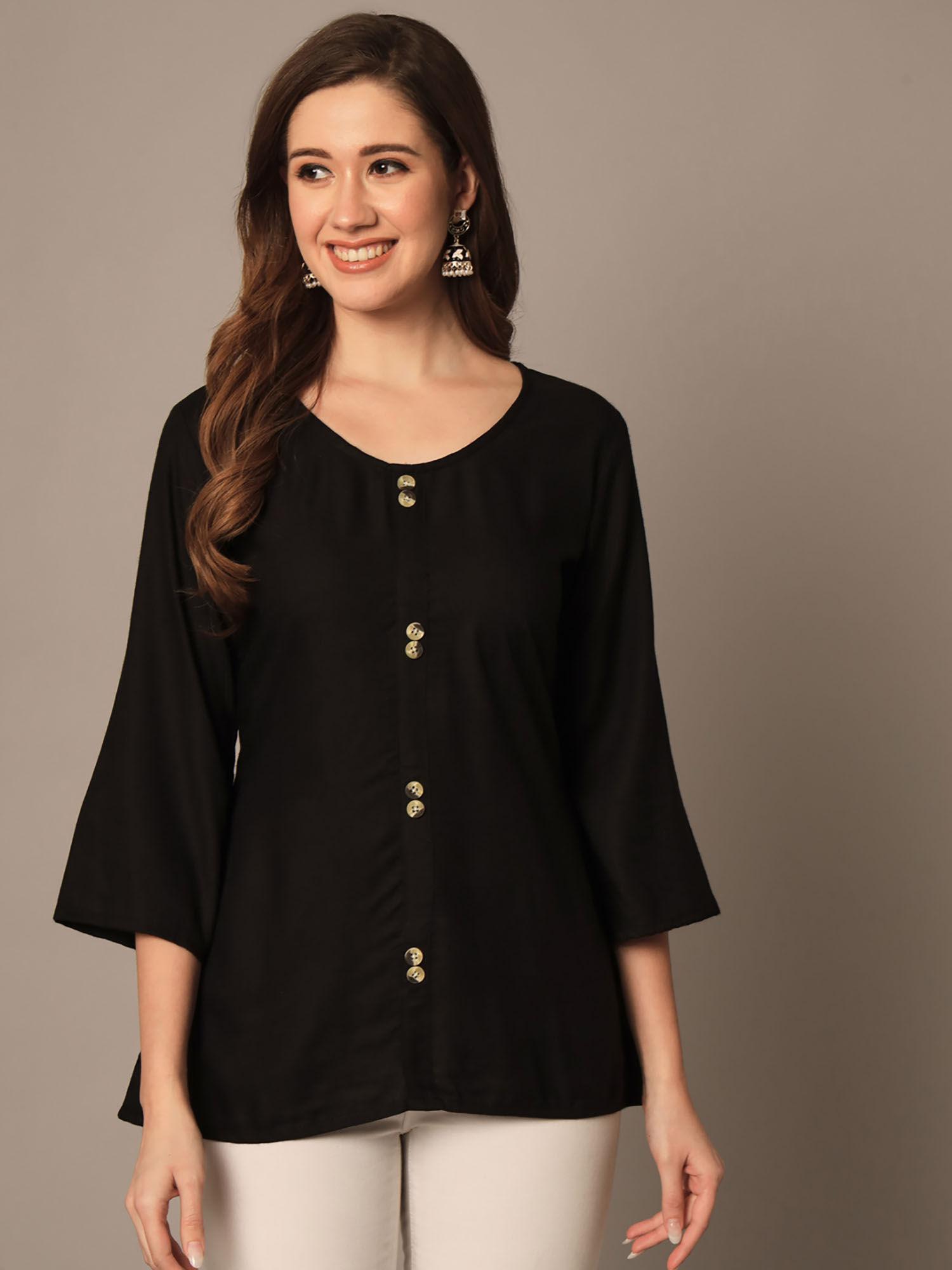 women black solid v- neck cuffed sleeves top