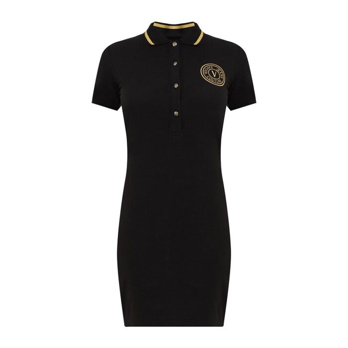 women black solid v emblem polo dress