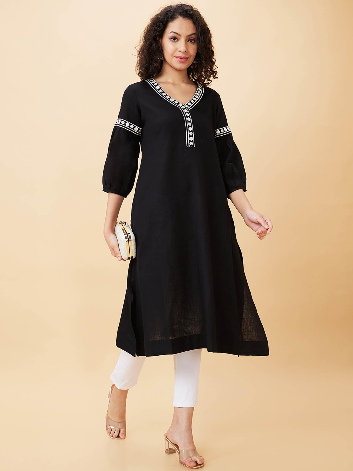 women black solid v-neck a-line kurta