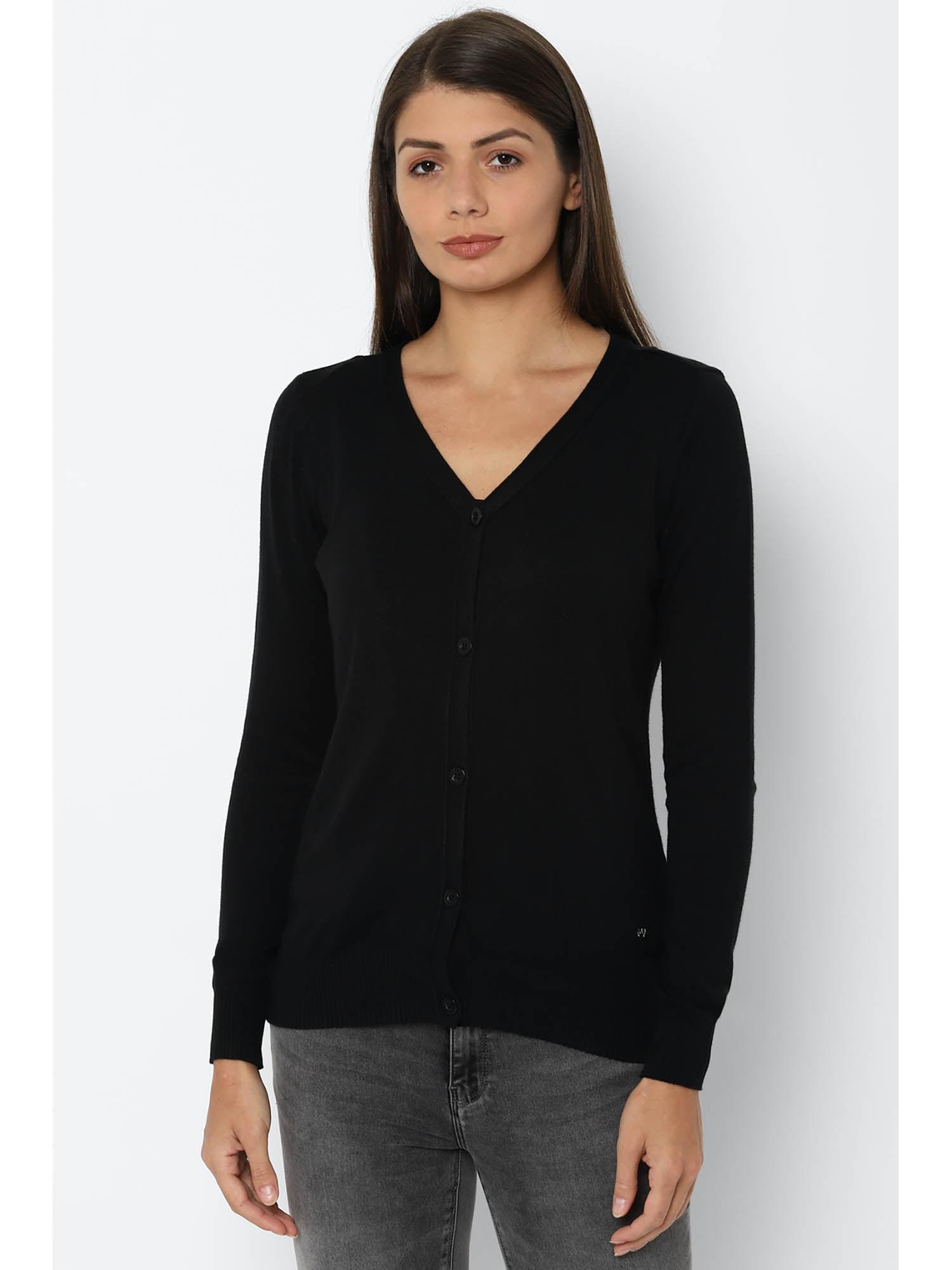 women black solid v neck casual cardigan