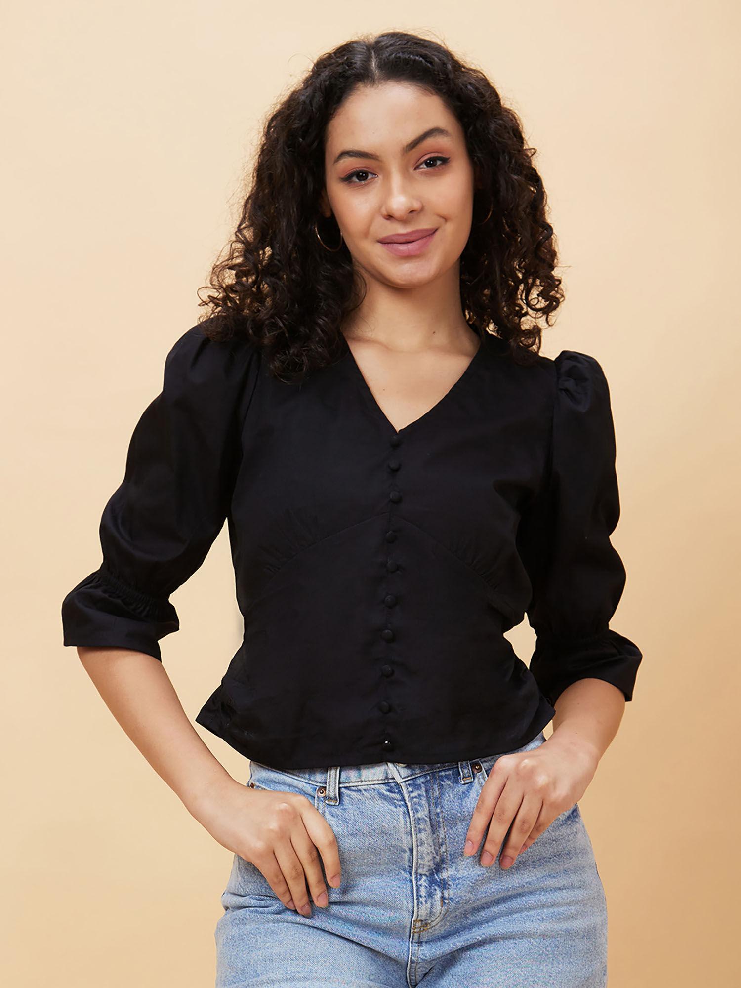 women black solid v-neck casual top