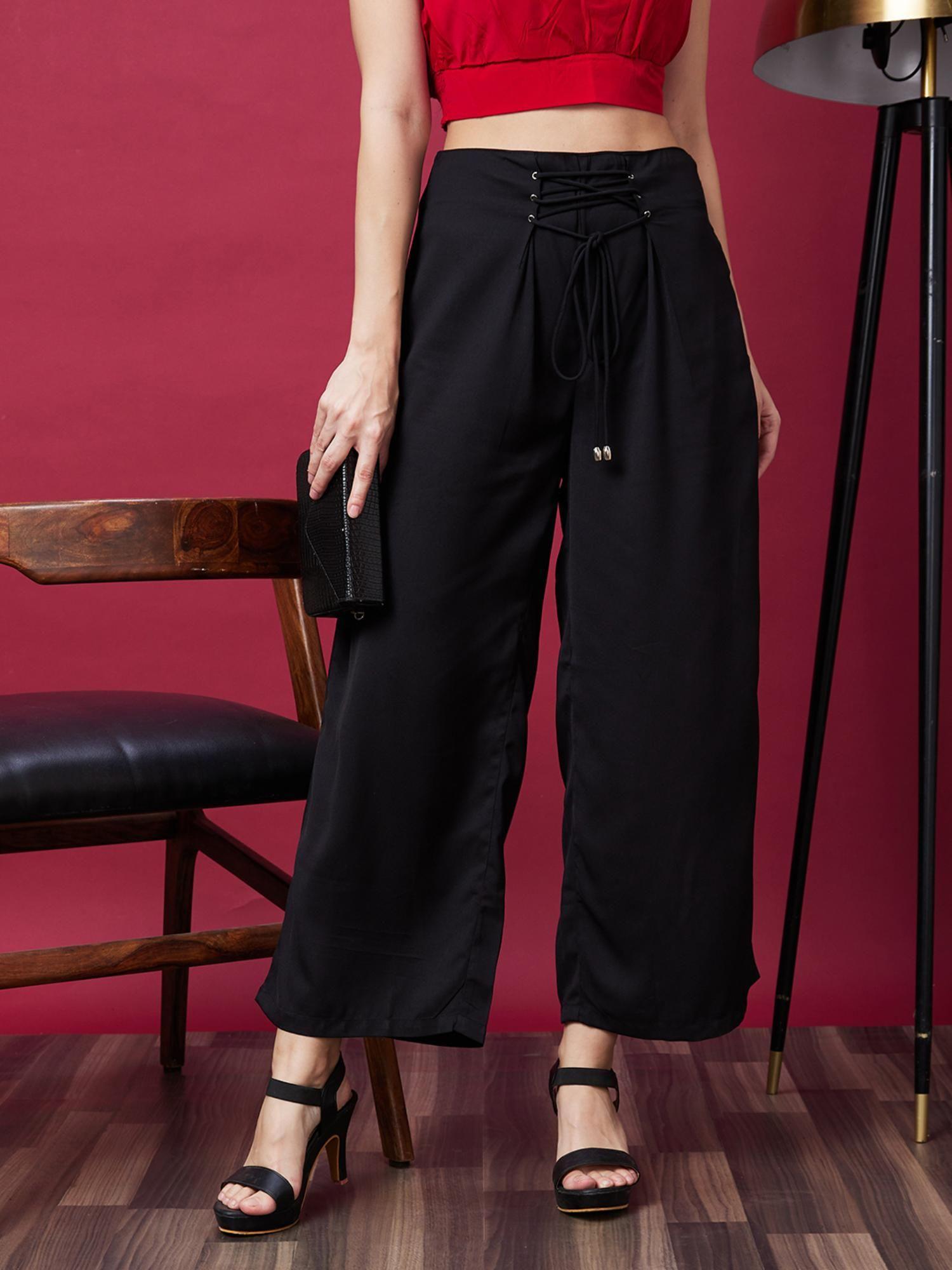 women black solid waist tie up casual parallel trouser