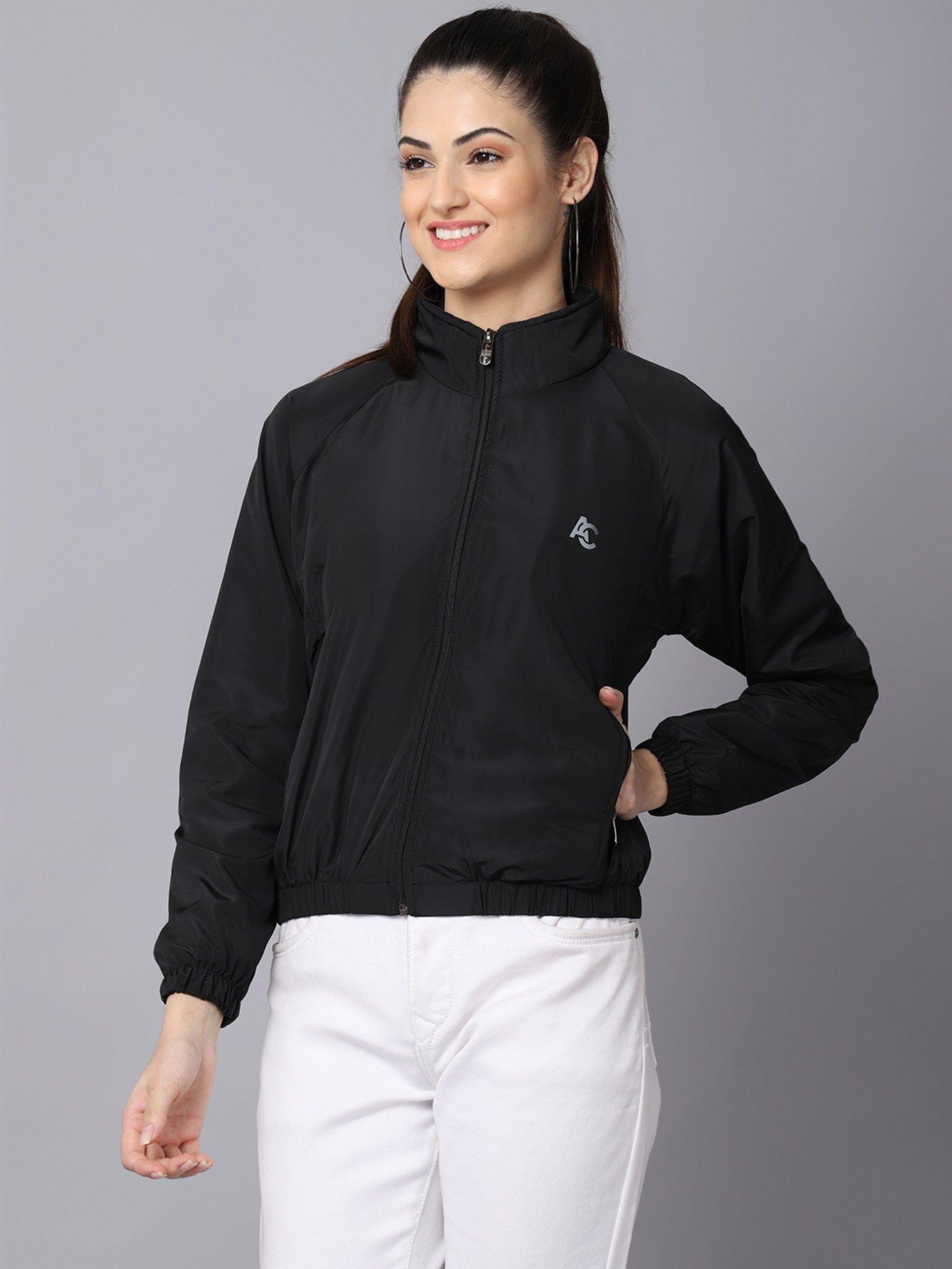 women black solid zipper water resistant windcheater