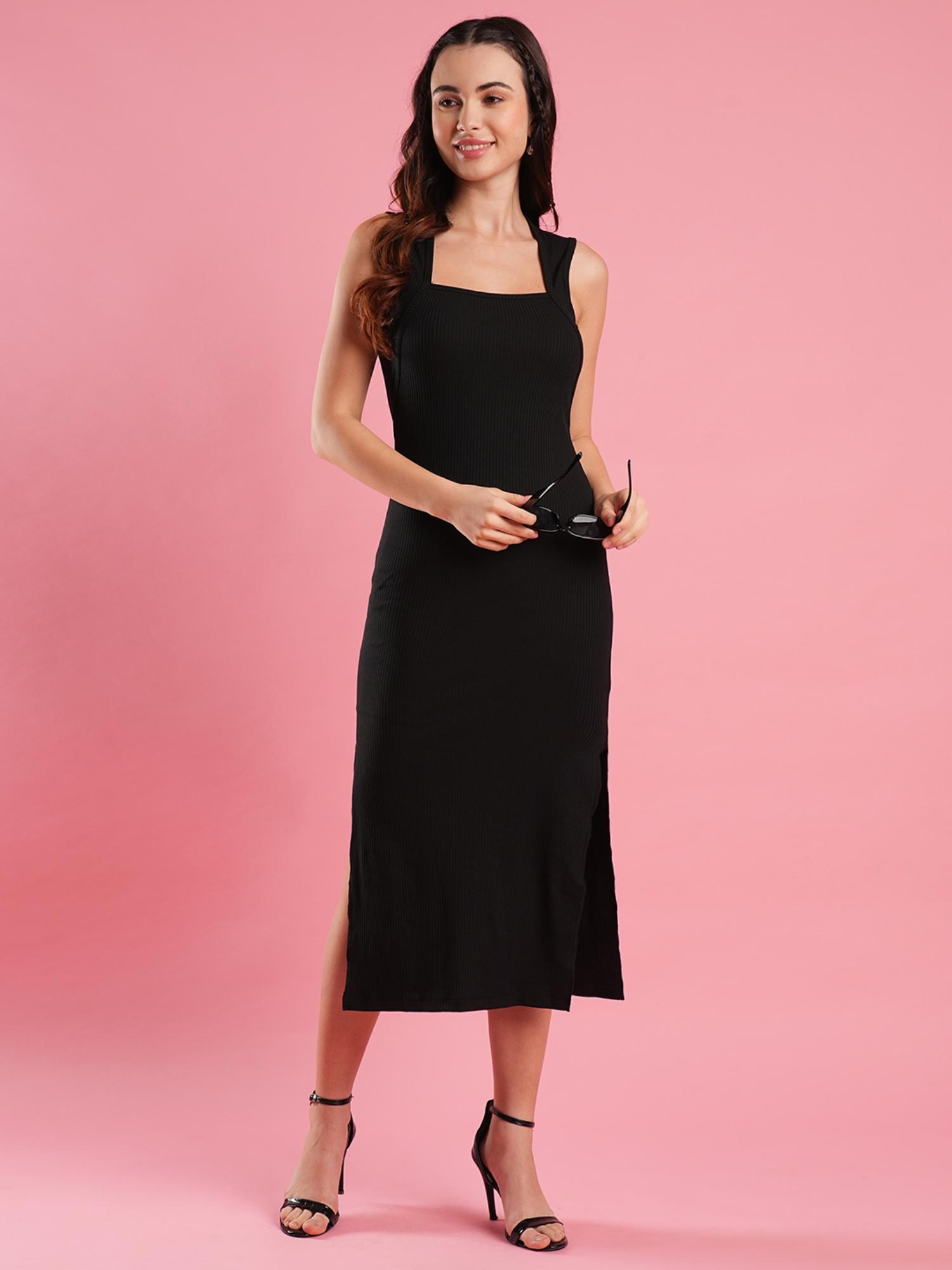 women black square neck side slit ribbed bodycon midi dress