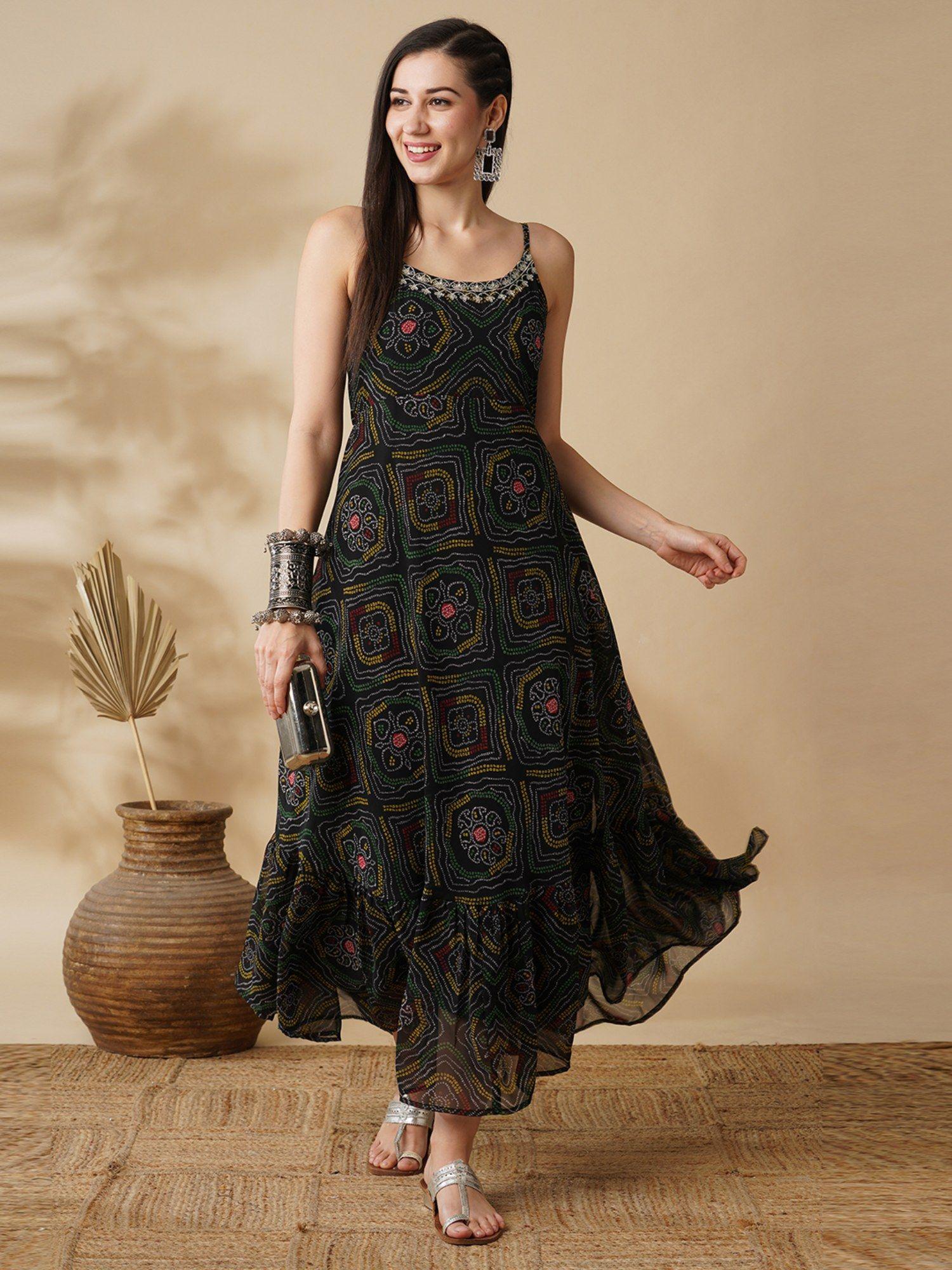 women black strappy shoulder bandhani print fit & flare dress maxi dress