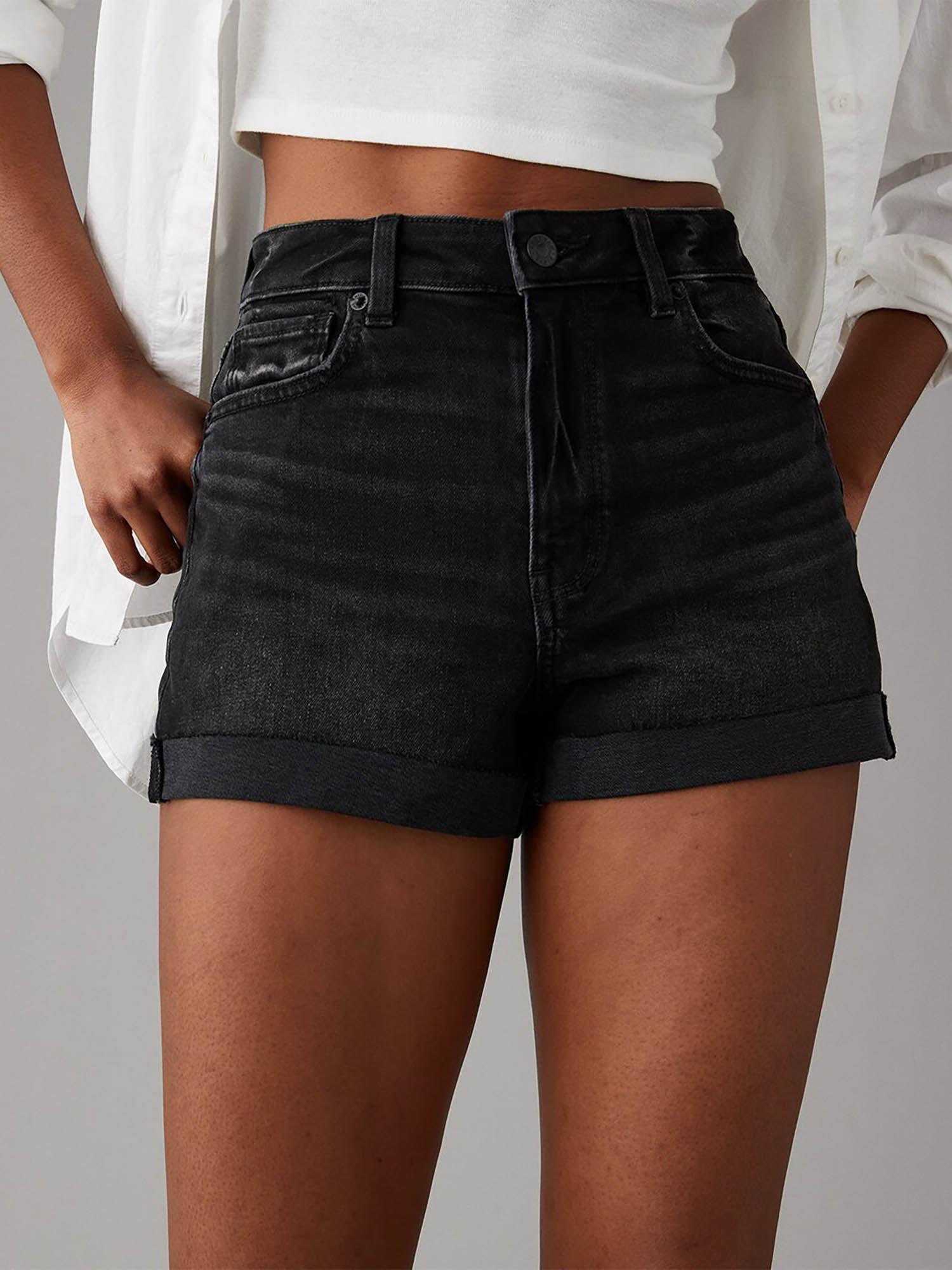 women black stretch denim mom shorts