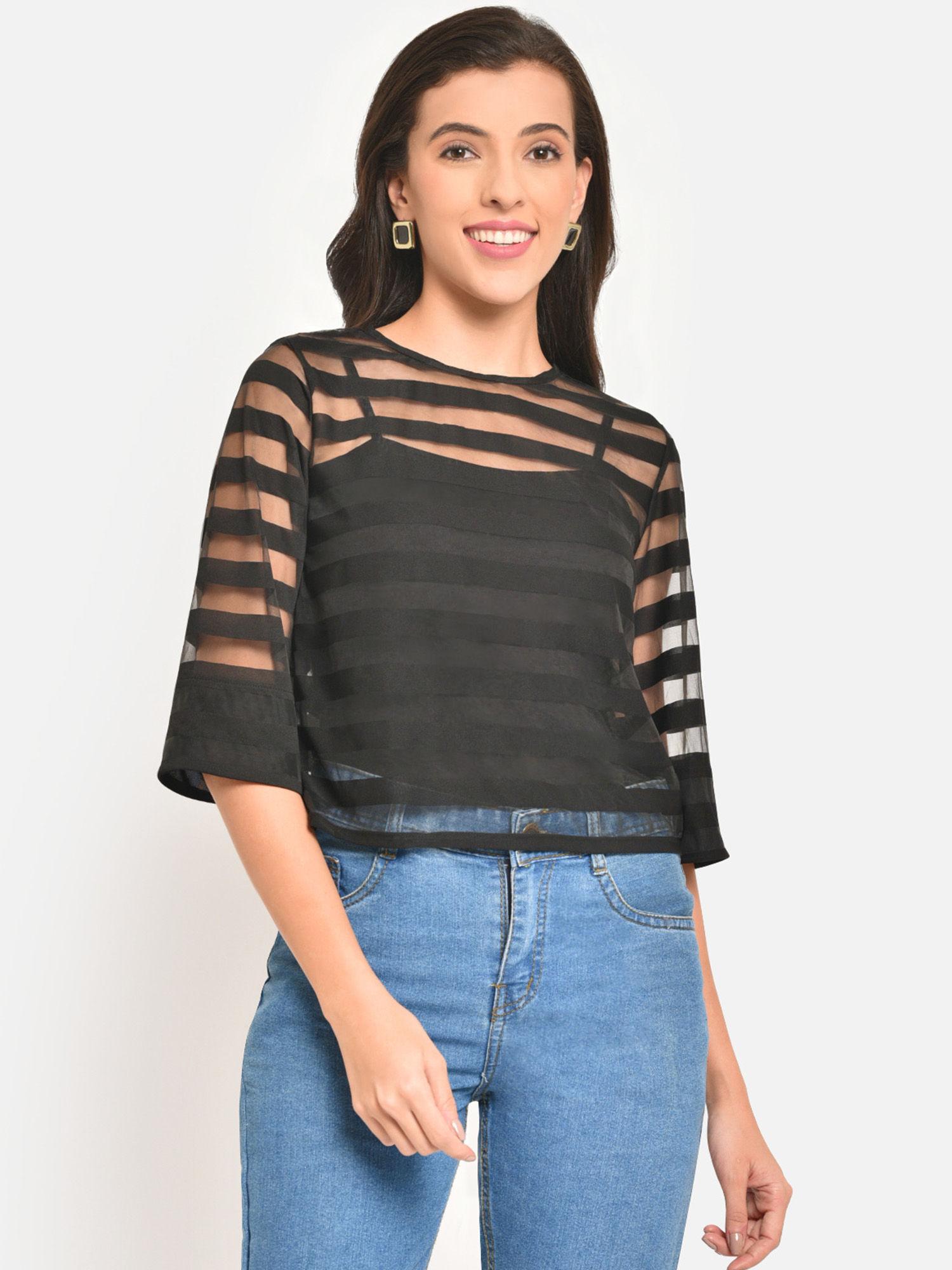 women black stripe boxy sheer top