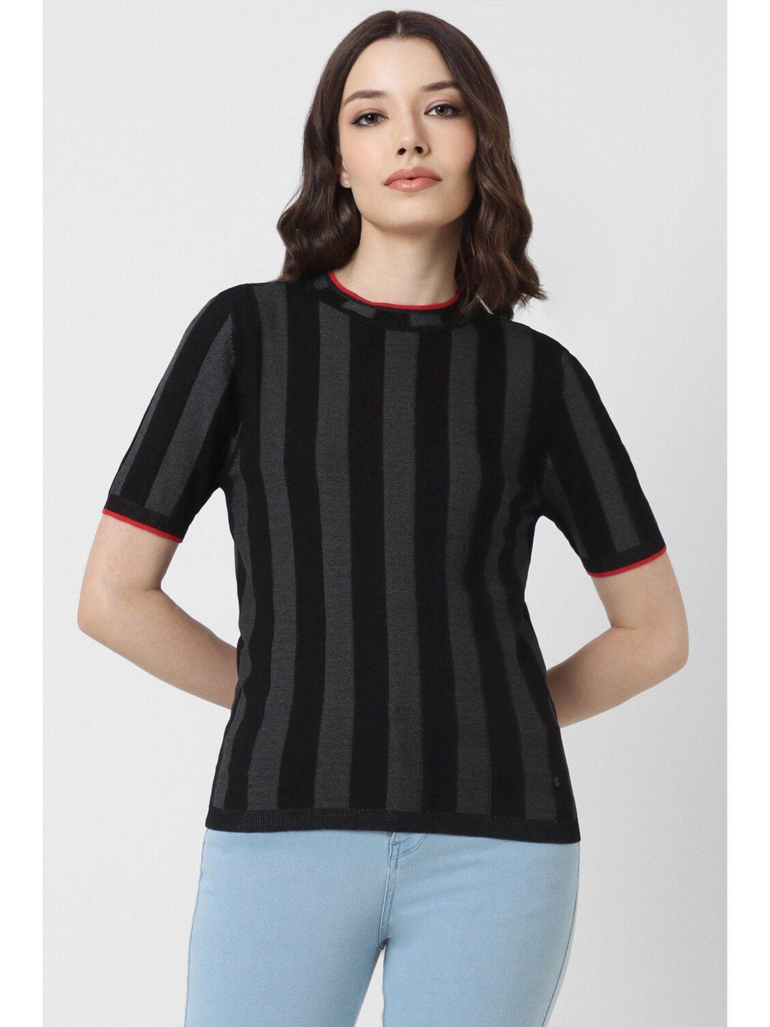 women black stripe formal round neck top