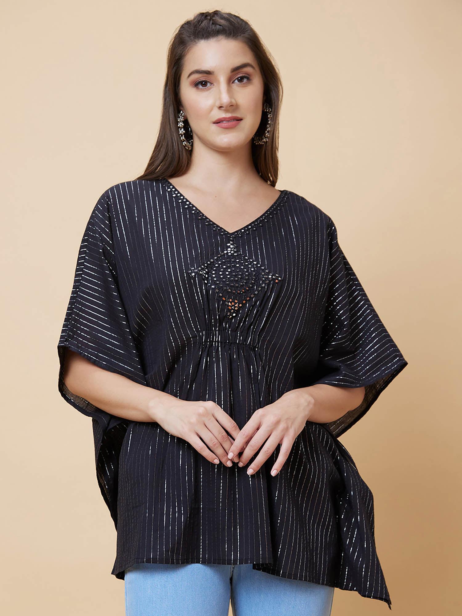 women black striped embroidered v-neck kaftan top