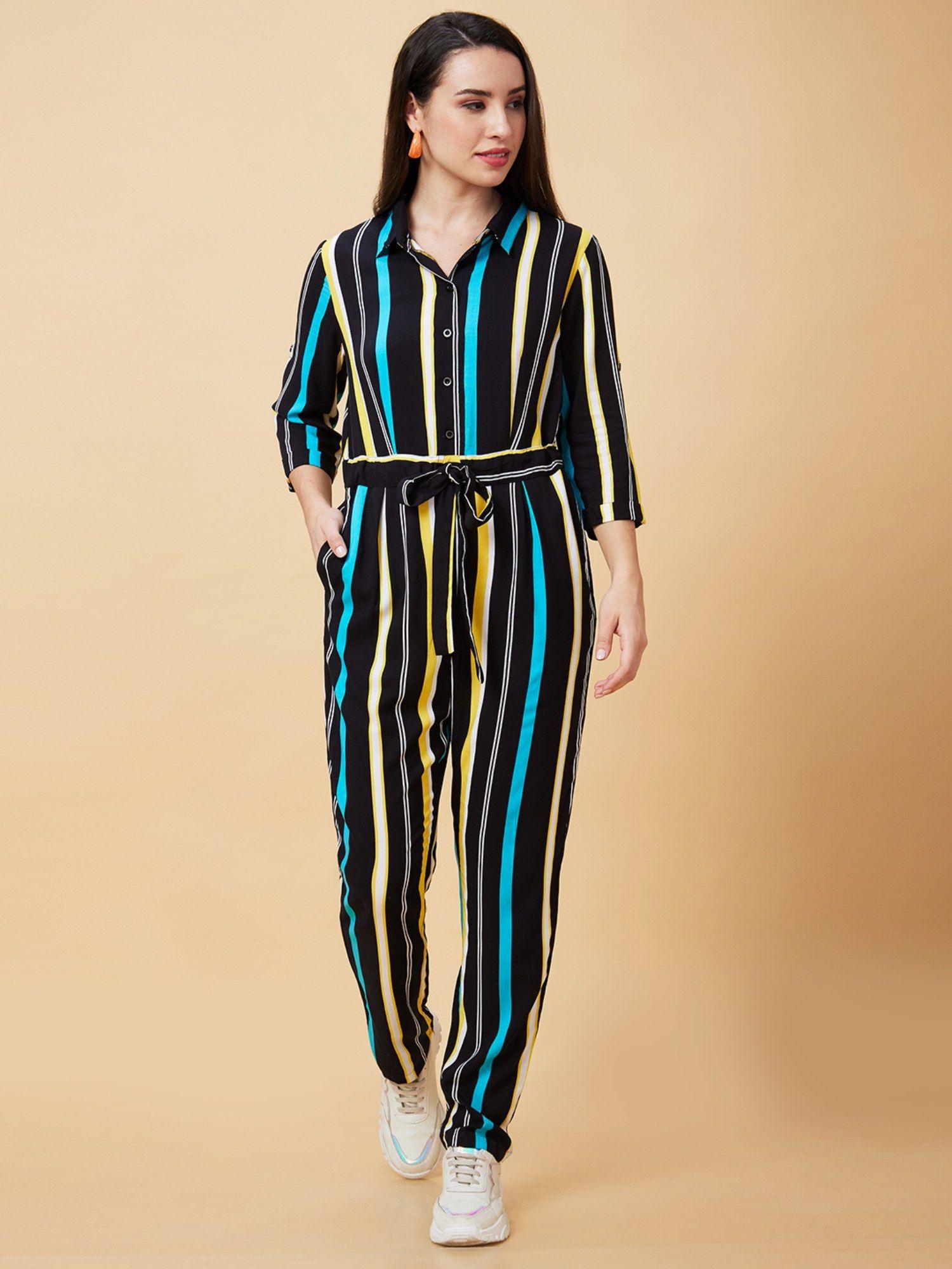 women black striped waist tie-up button down jumpsuit