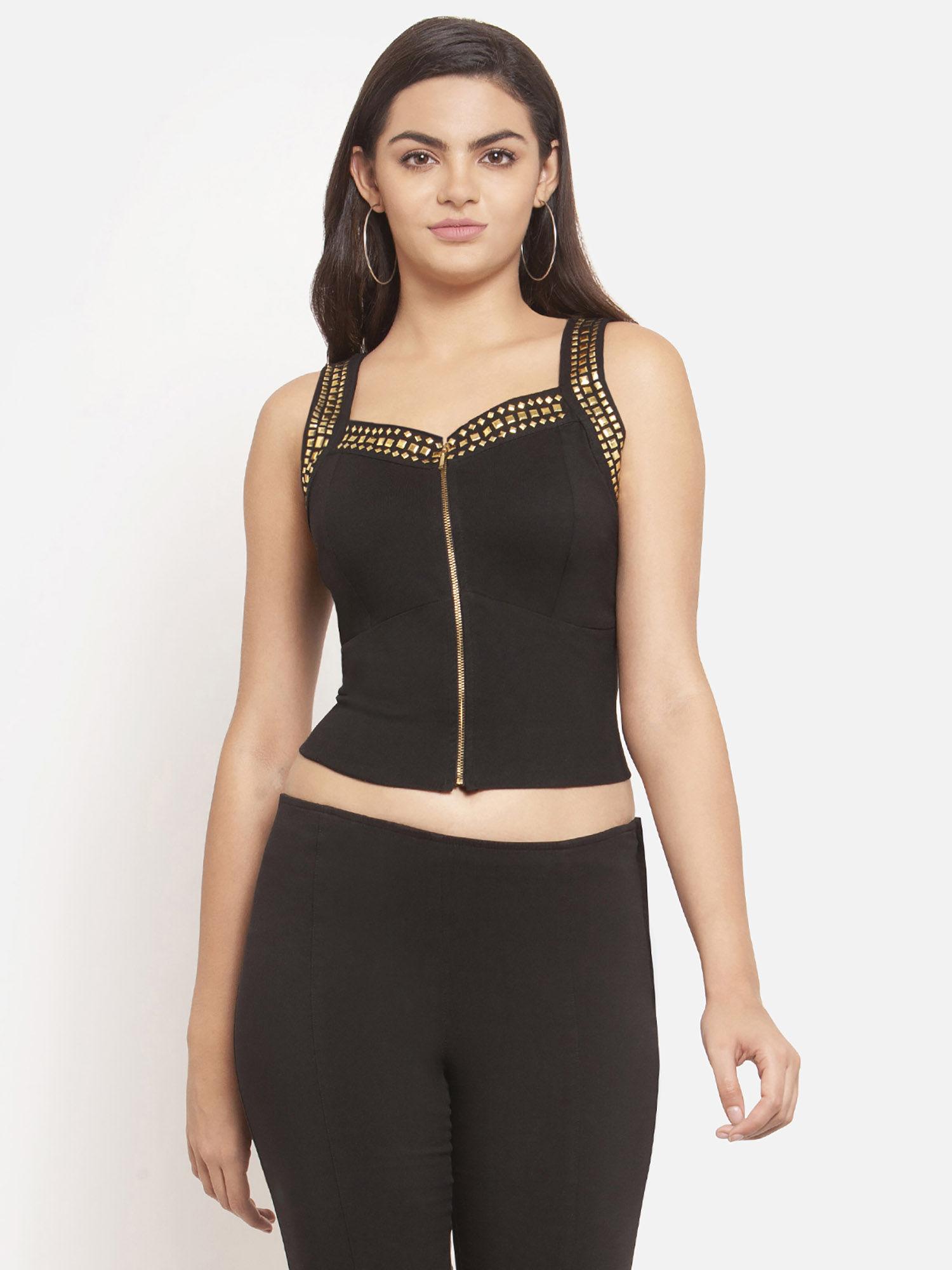 women black studded golden zip crop top