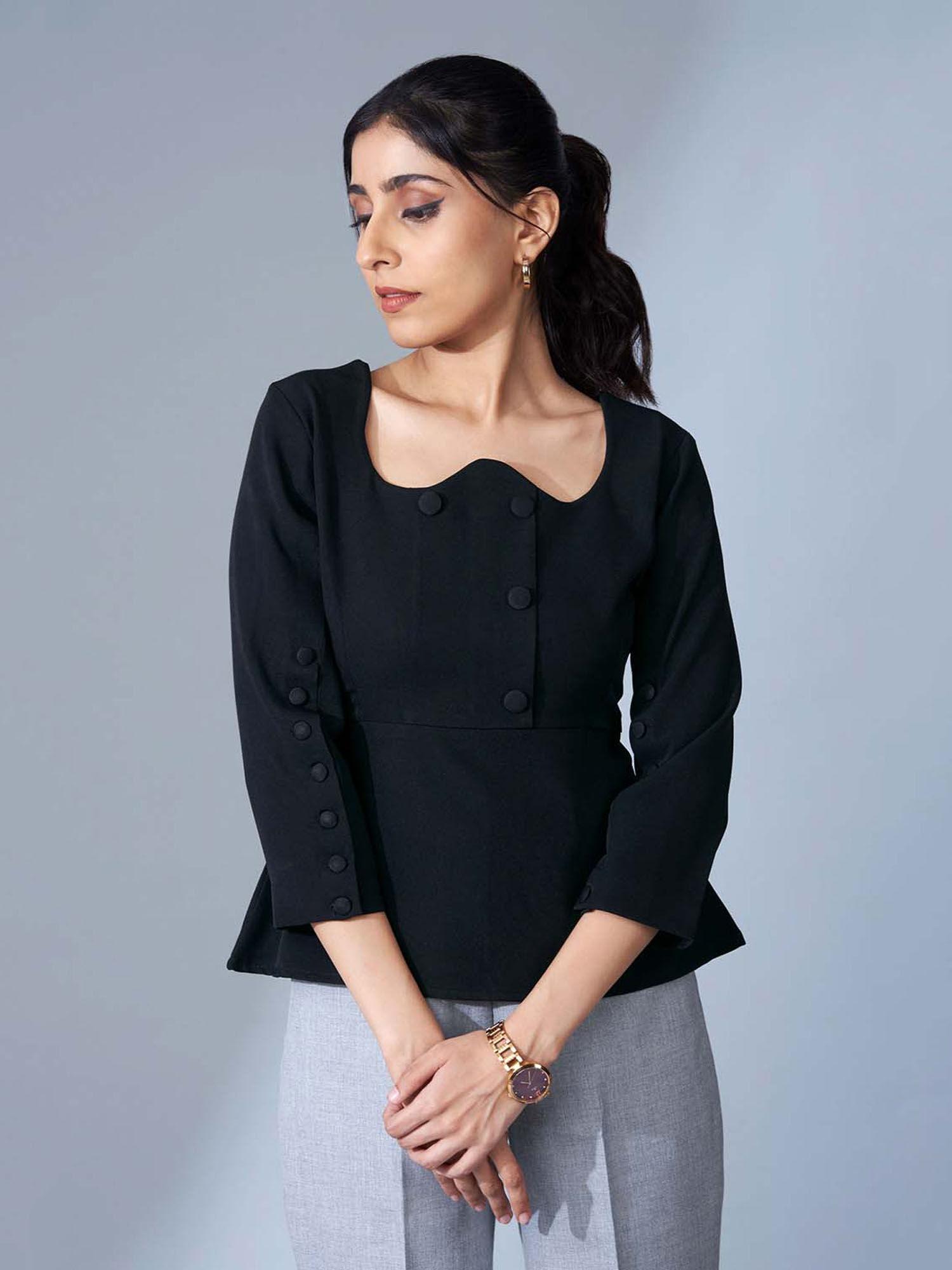 women black stylized neckline peplum top