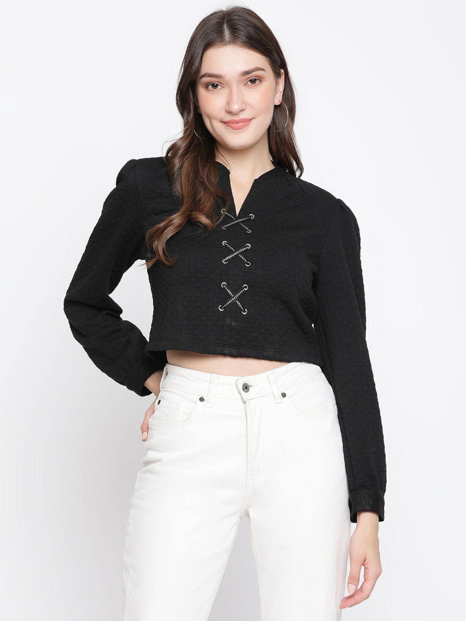 women black textured long sleeve knit top