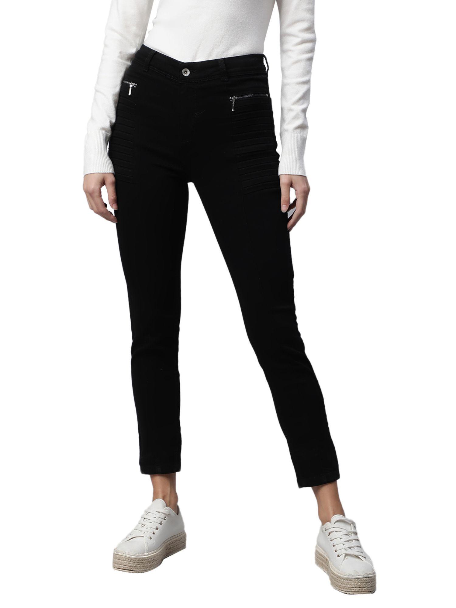 women black tucks detail slim fit mid rise jeans