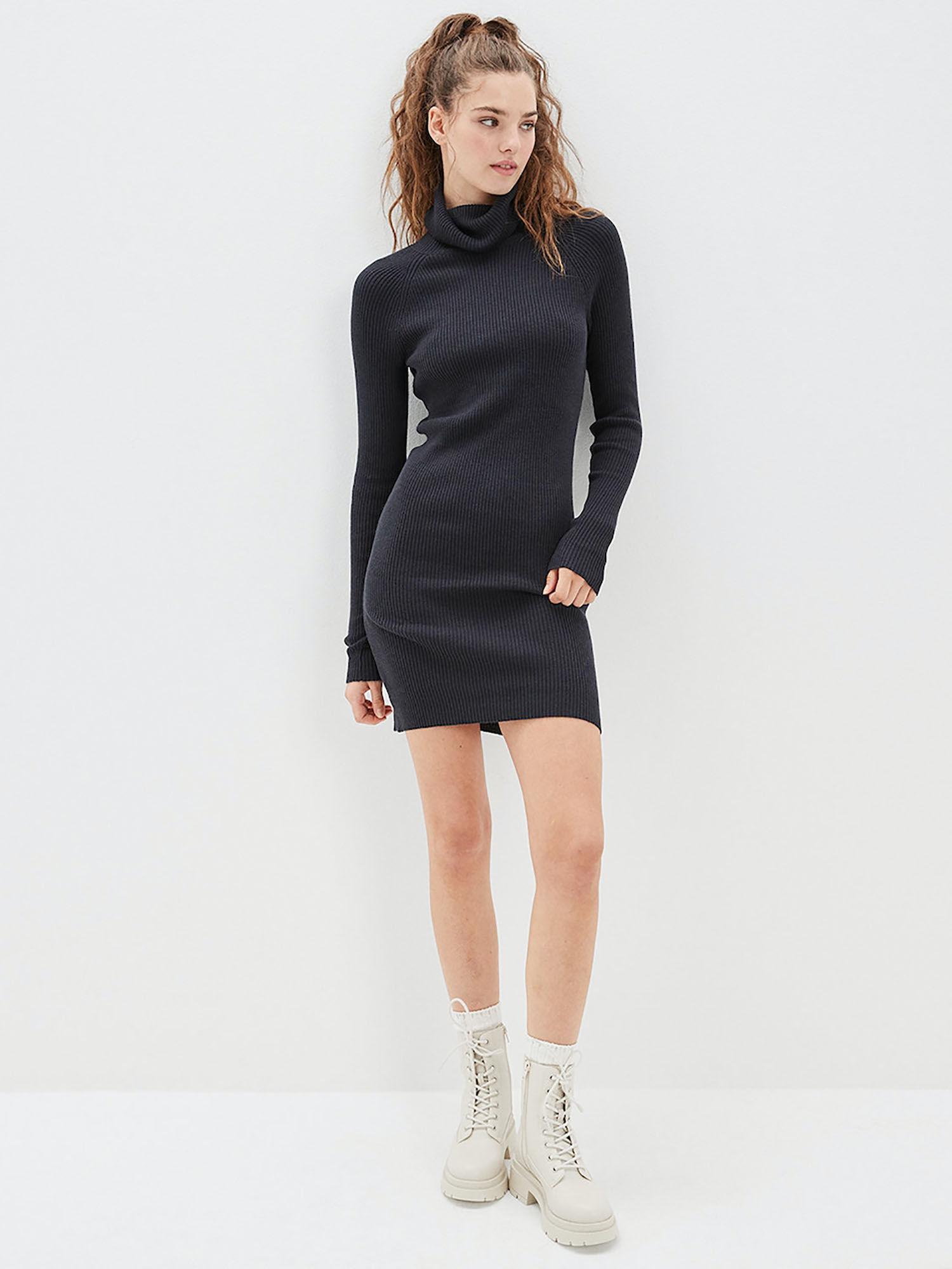 women black turtle neck long sleeve mini dress