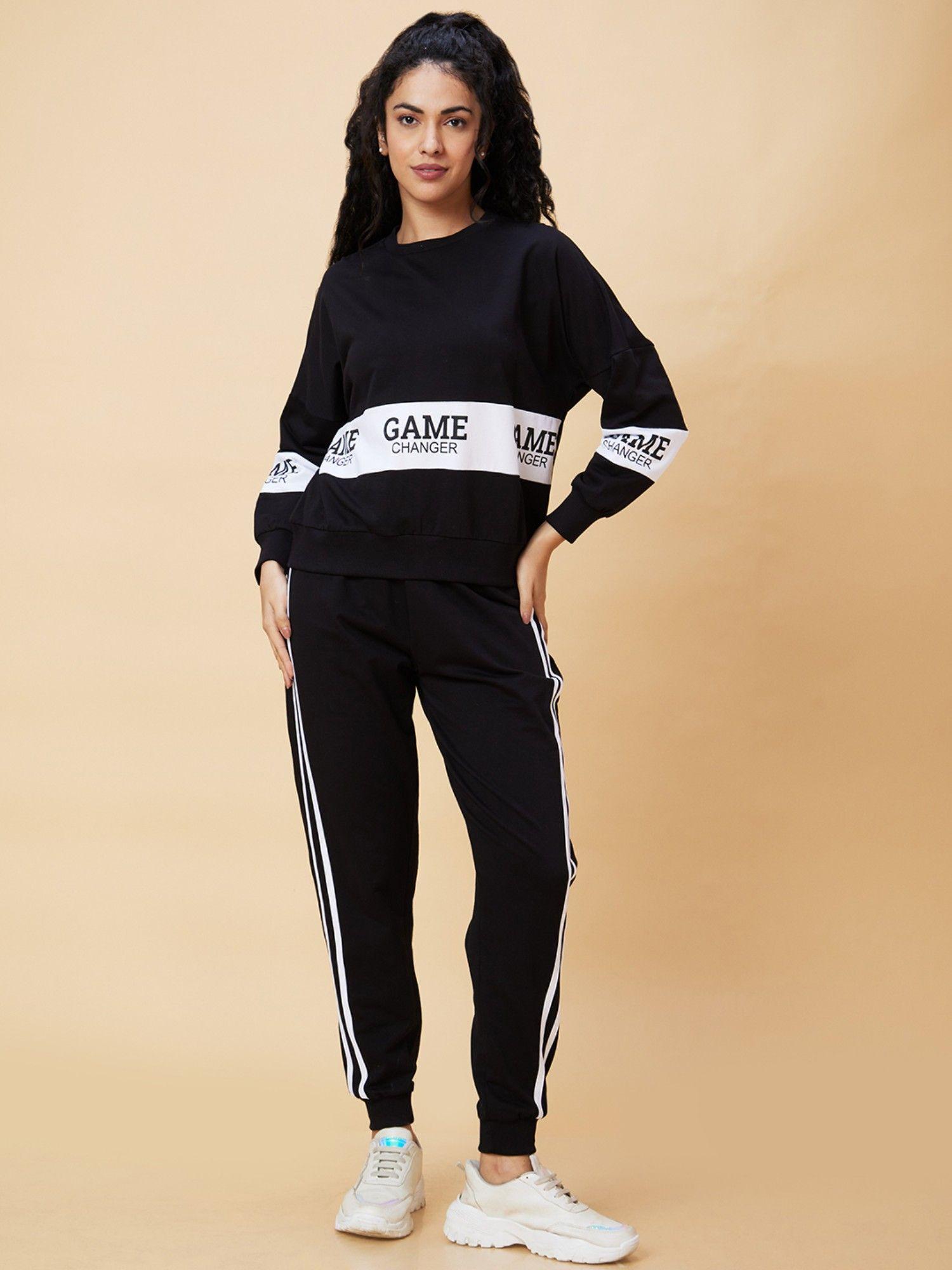 women black typography printed boxy fit sweatshirt & side striped joggers co-ord set