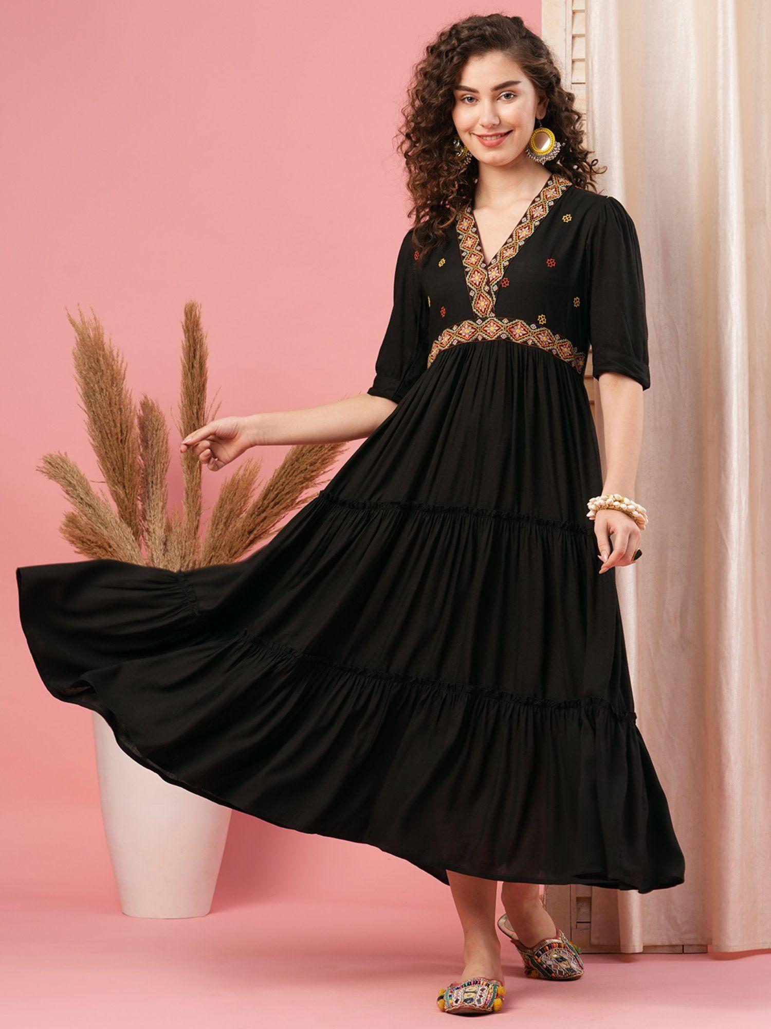 women black v-neck embroidered yoke tiered flared a-line dress