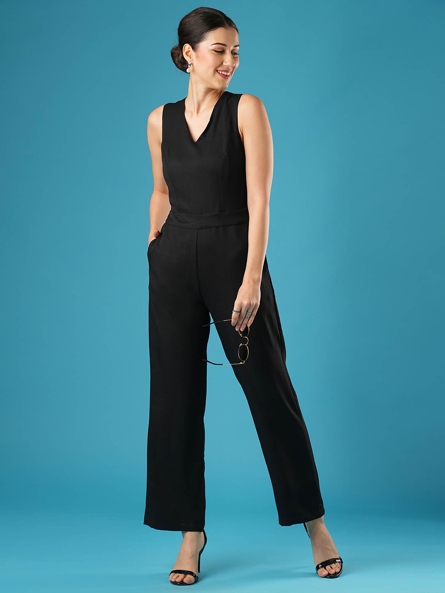 women black v-neck stylised back wide leg workwear jumpsuit