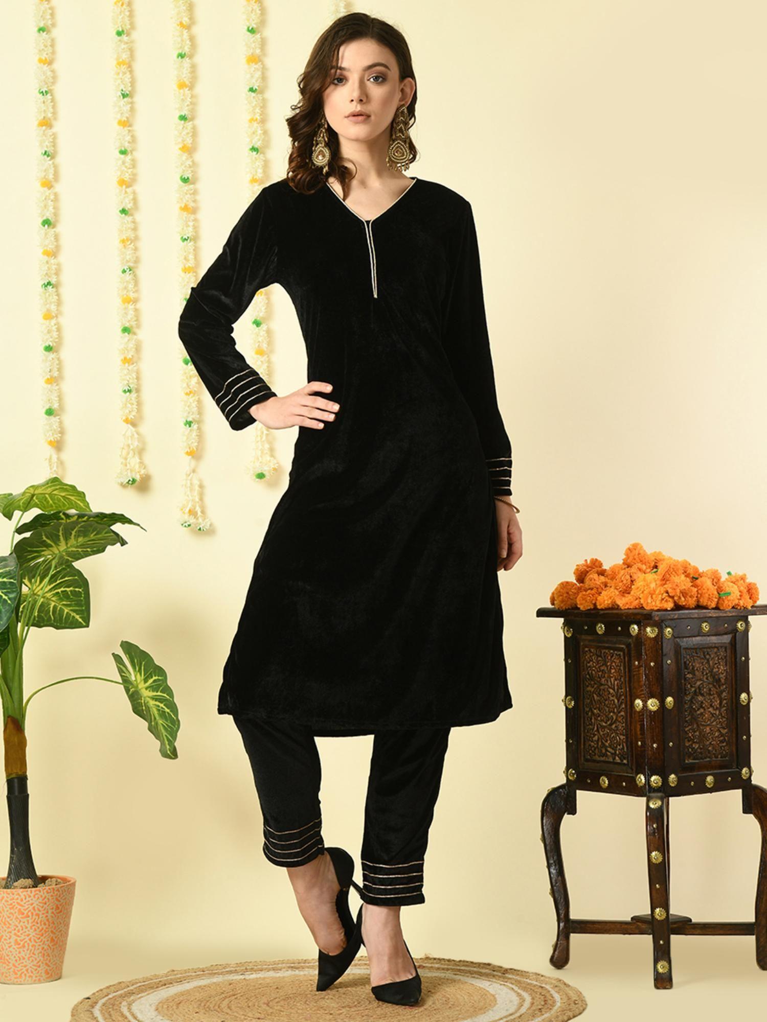 women black velvet kurta with trouser (set of 2)
