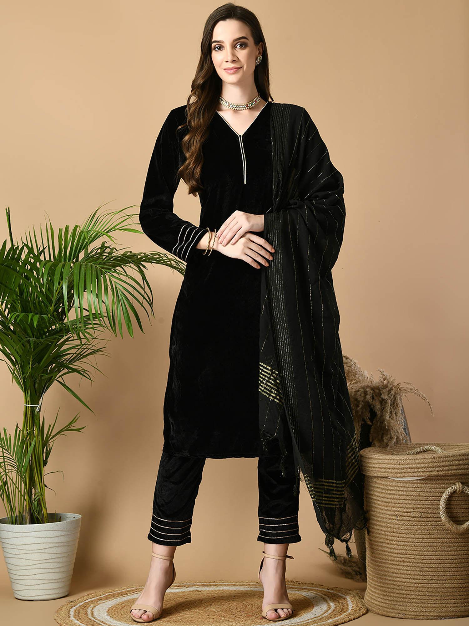 women black velvet party kurta trousers with dupatta (set of 3)