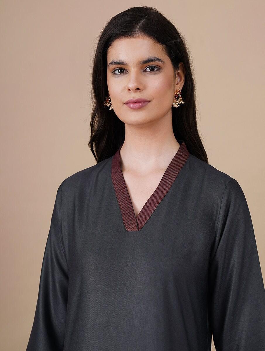 women black viscose embroidered v neck regular fit kurta