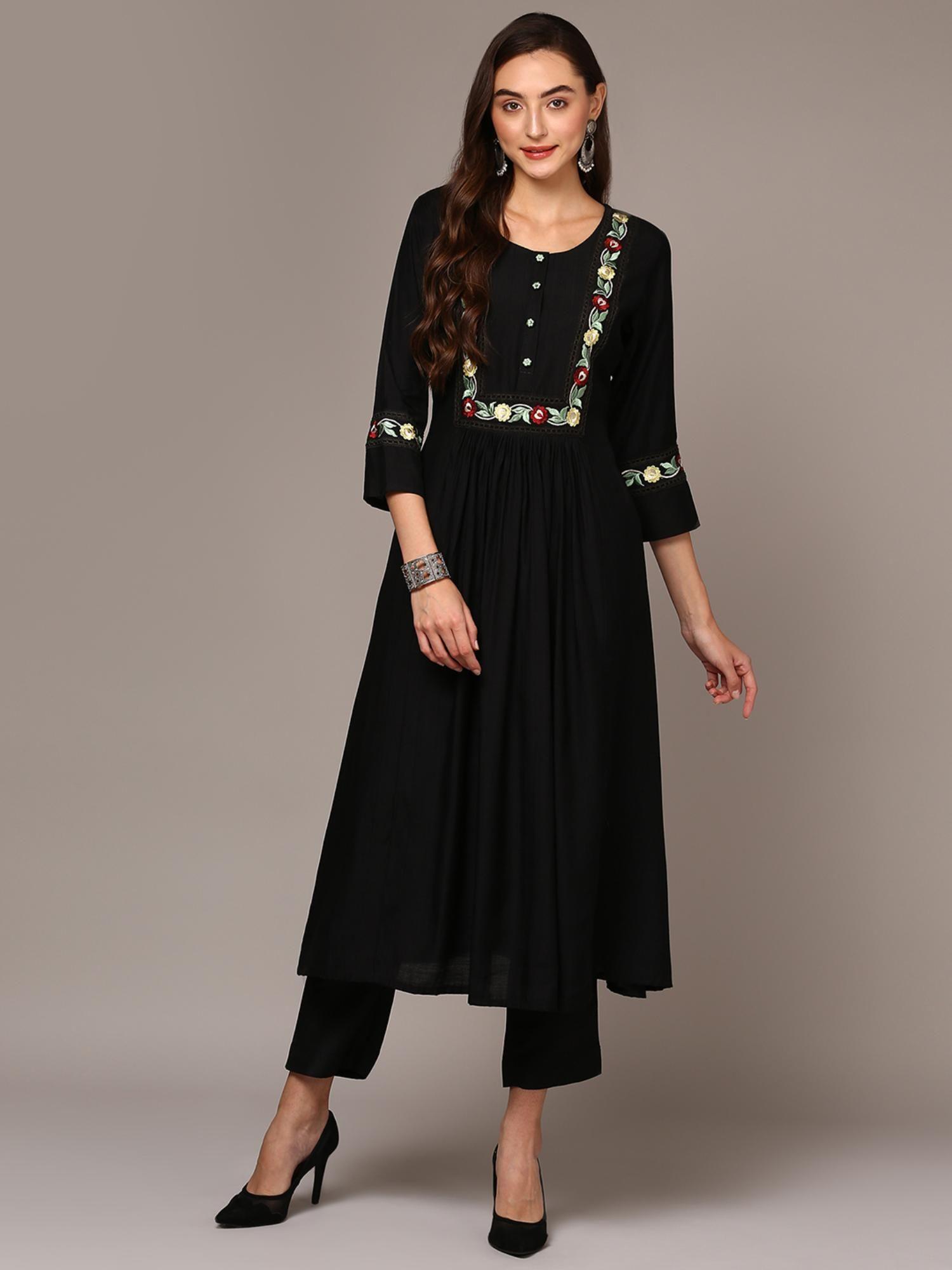 women black viscose floral empire kurta